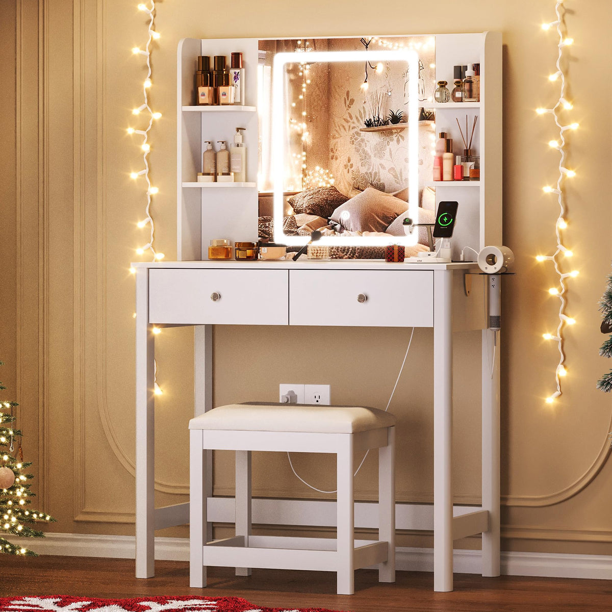 Vanity Desk Set with LED Mirror & Stool