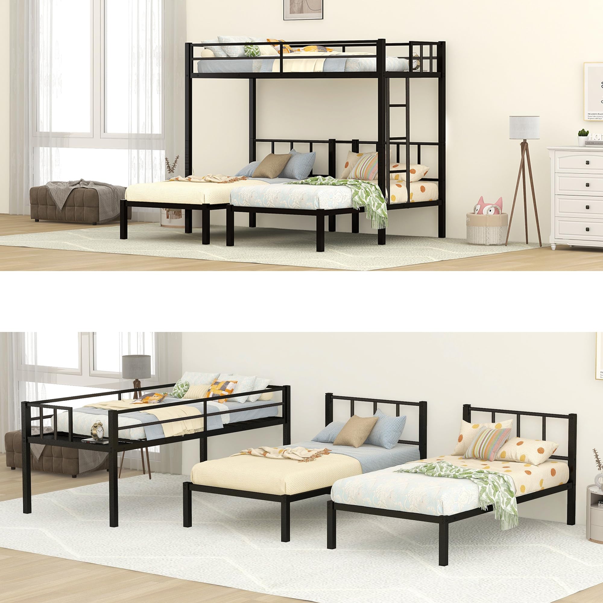 Bunk Bed, Detachable Triple Bunkbed for 3 with Guardrails & Ladder