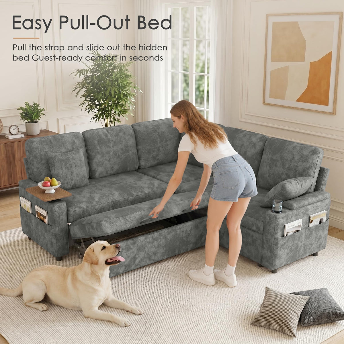 L-Shaped Sectional Sofa Bed with Pull-Out Bed