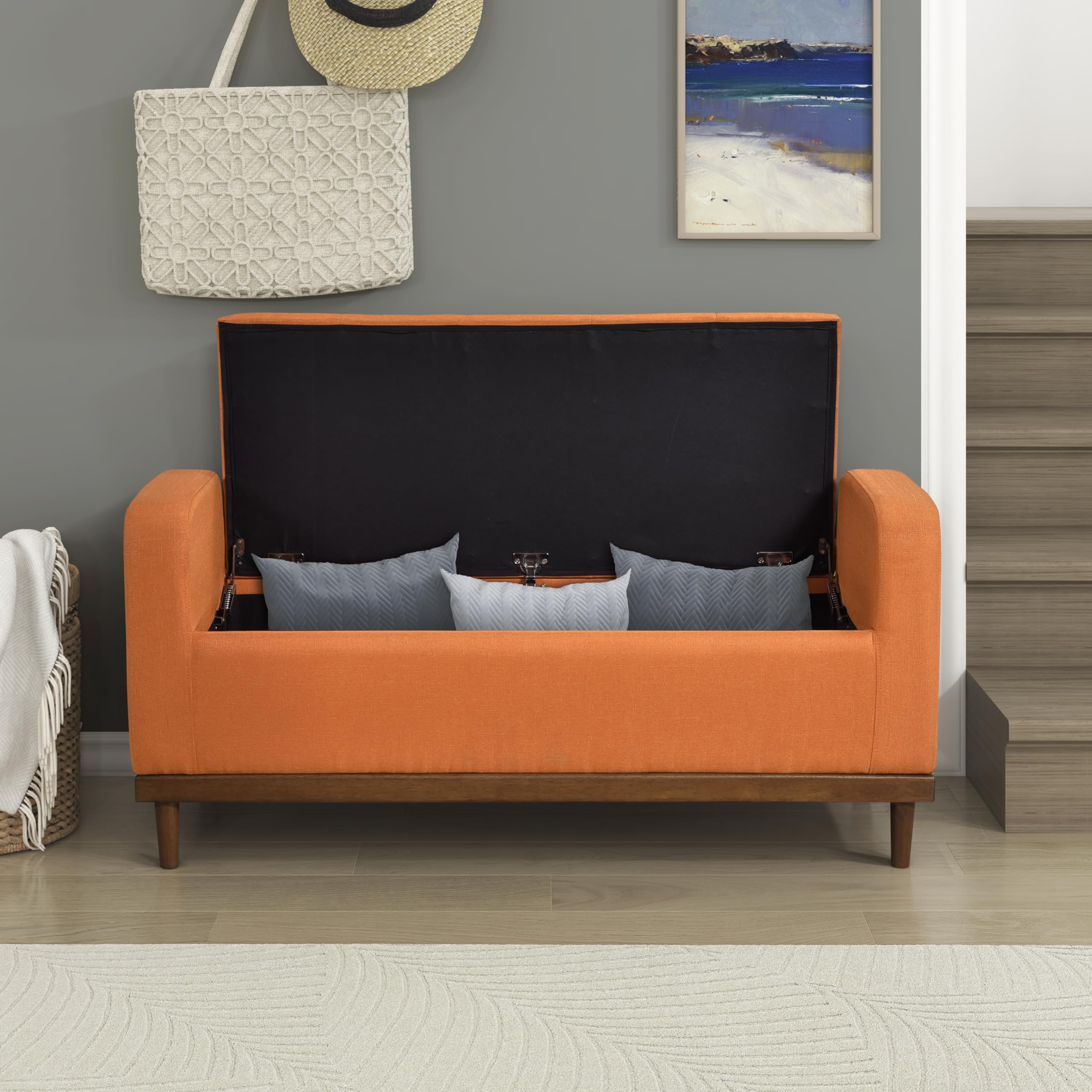 Armed Fabric Storage Bench, Button-Tufted Storage Ottoman Bench