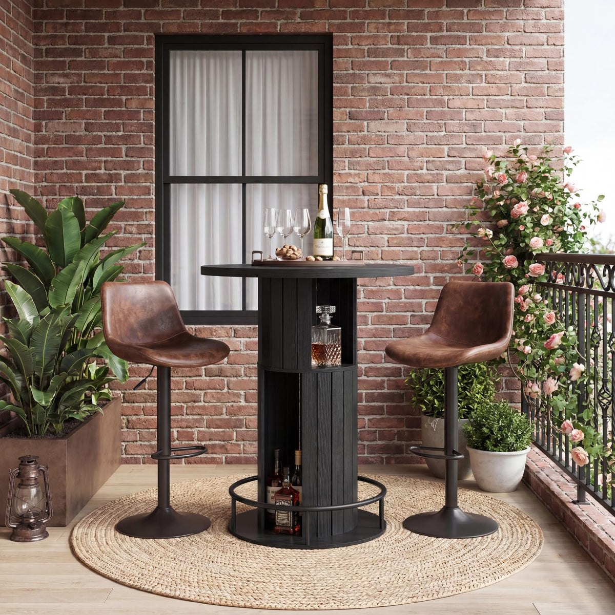Round Farmhouse Bar Table with Wood Fence Base & Metal Footrest, 39.4"H