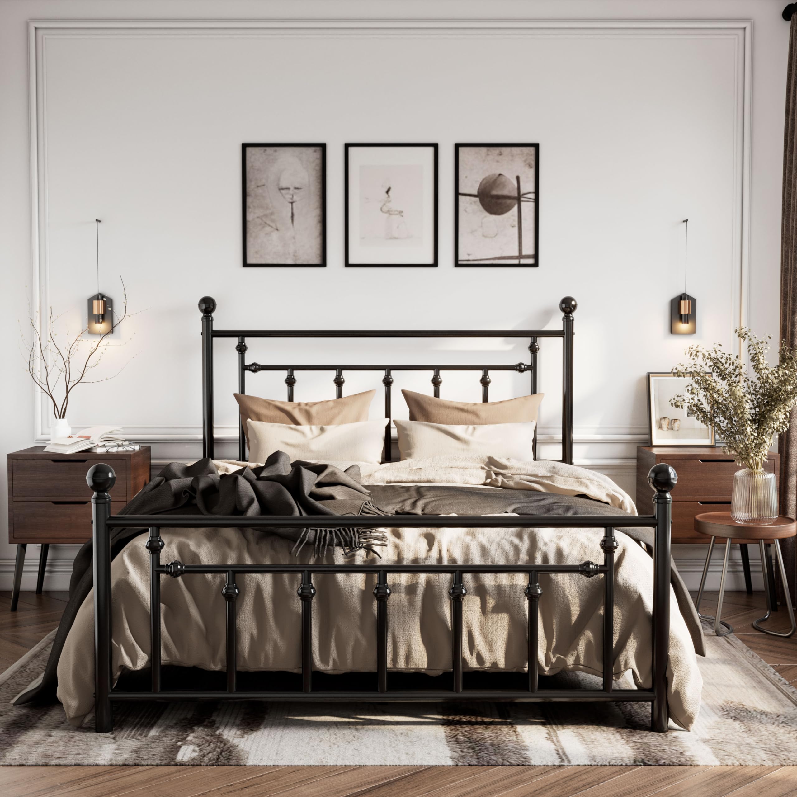 14'' Queen Size Metal Platform Bed Frame/Victorian Headboard