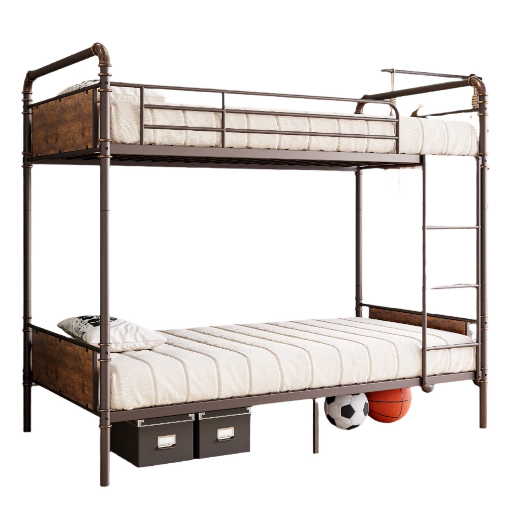 Twin Over Twin Metal Bunk Bed with High Guardrail and Ladder