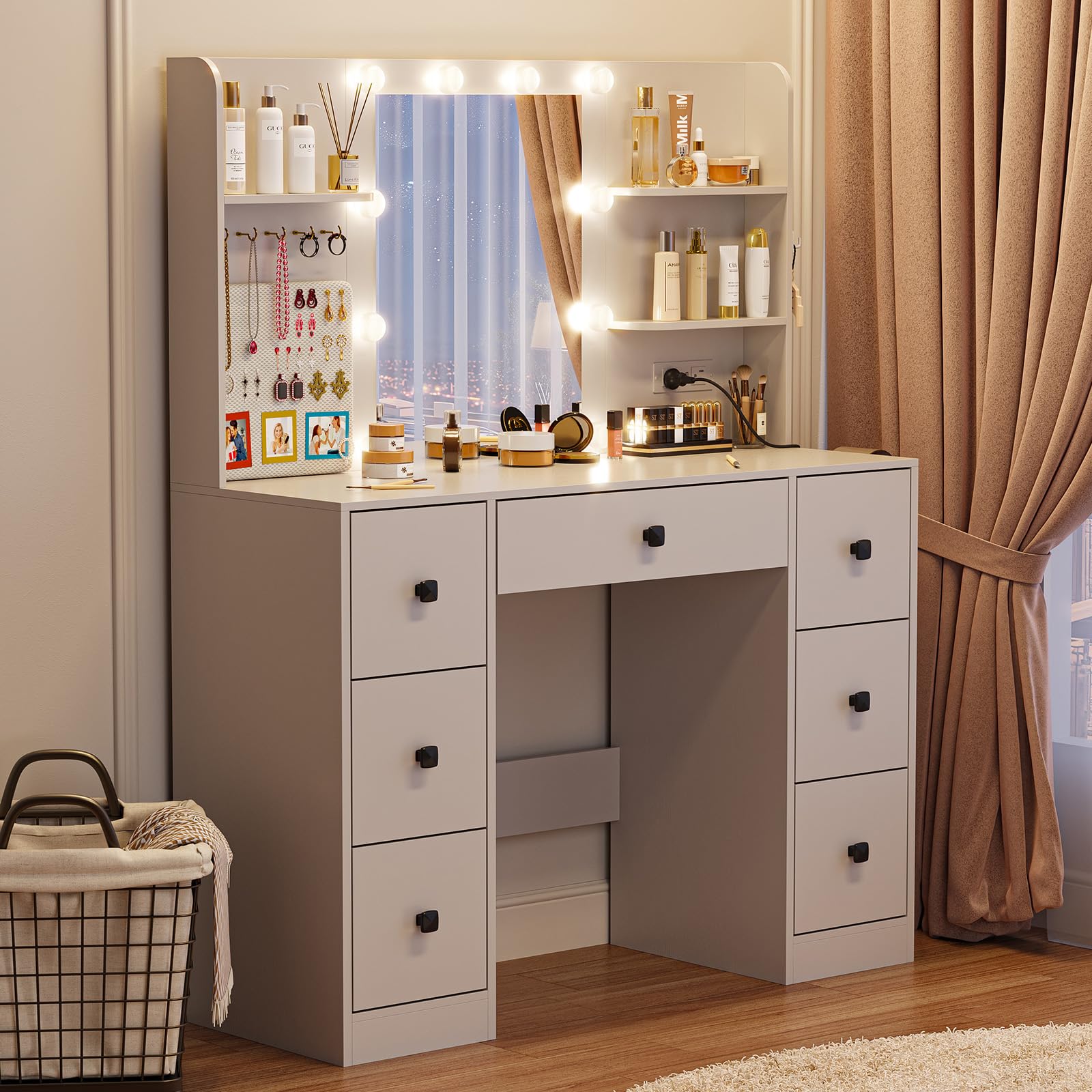 Desk with Mirror & LED Lights, Power Outlet 3 Color Modes Vanity Desk