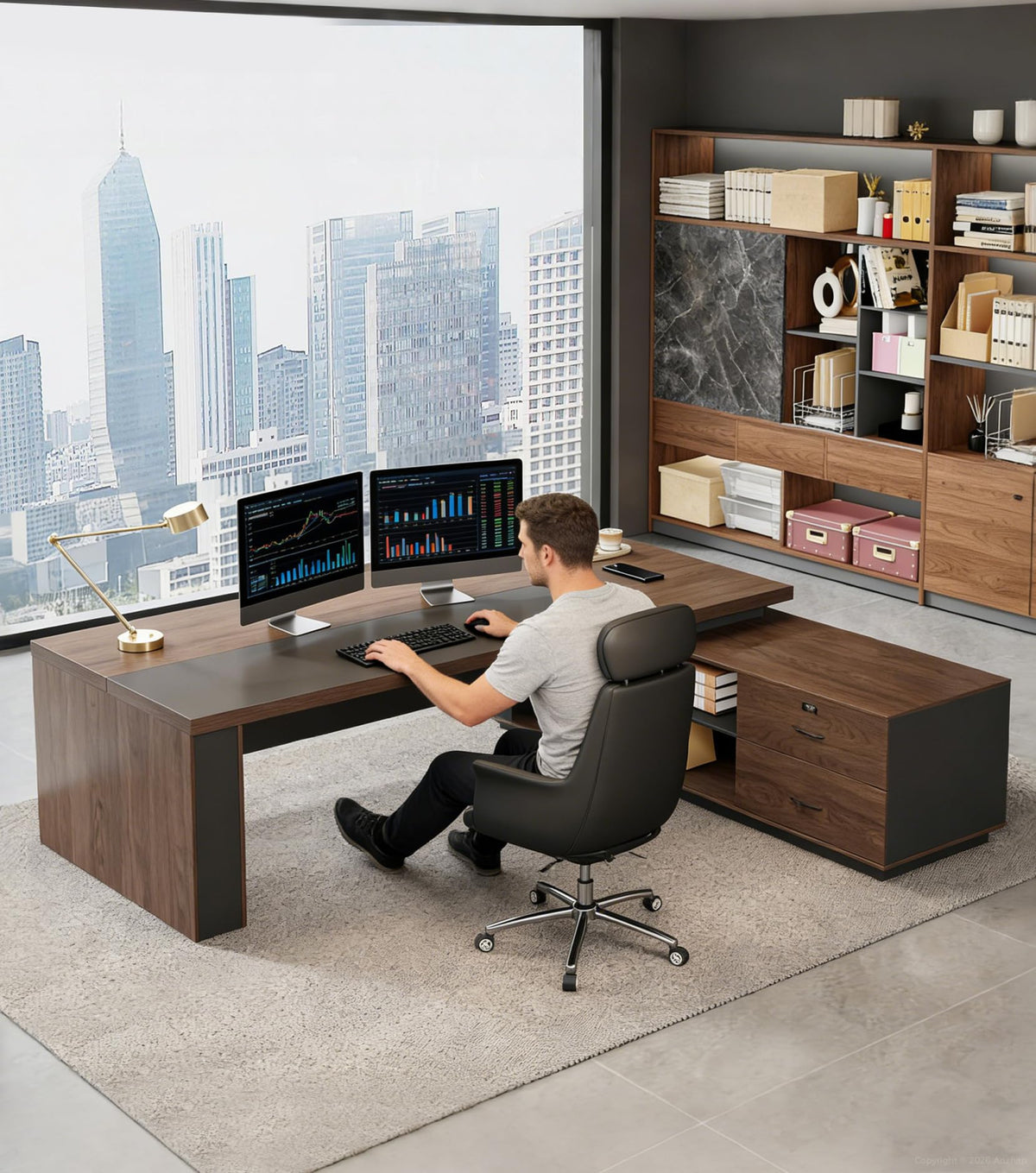 Reversible L-Shaped Executive Desk with LED Lighting, Charging Station & Lockable Drawer