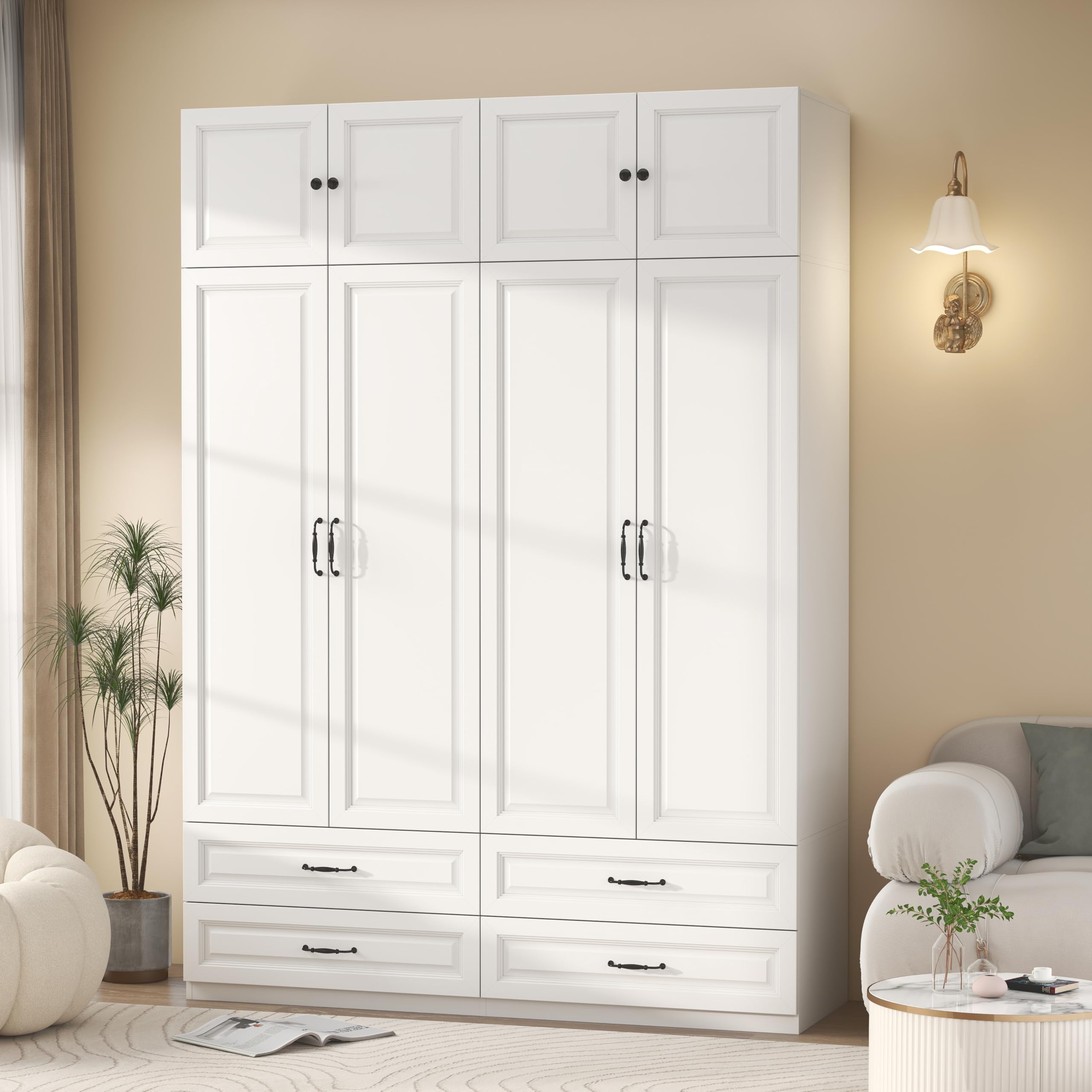 Wardrobe Closet with 4 Drawers: 88" White Bedroom Closet