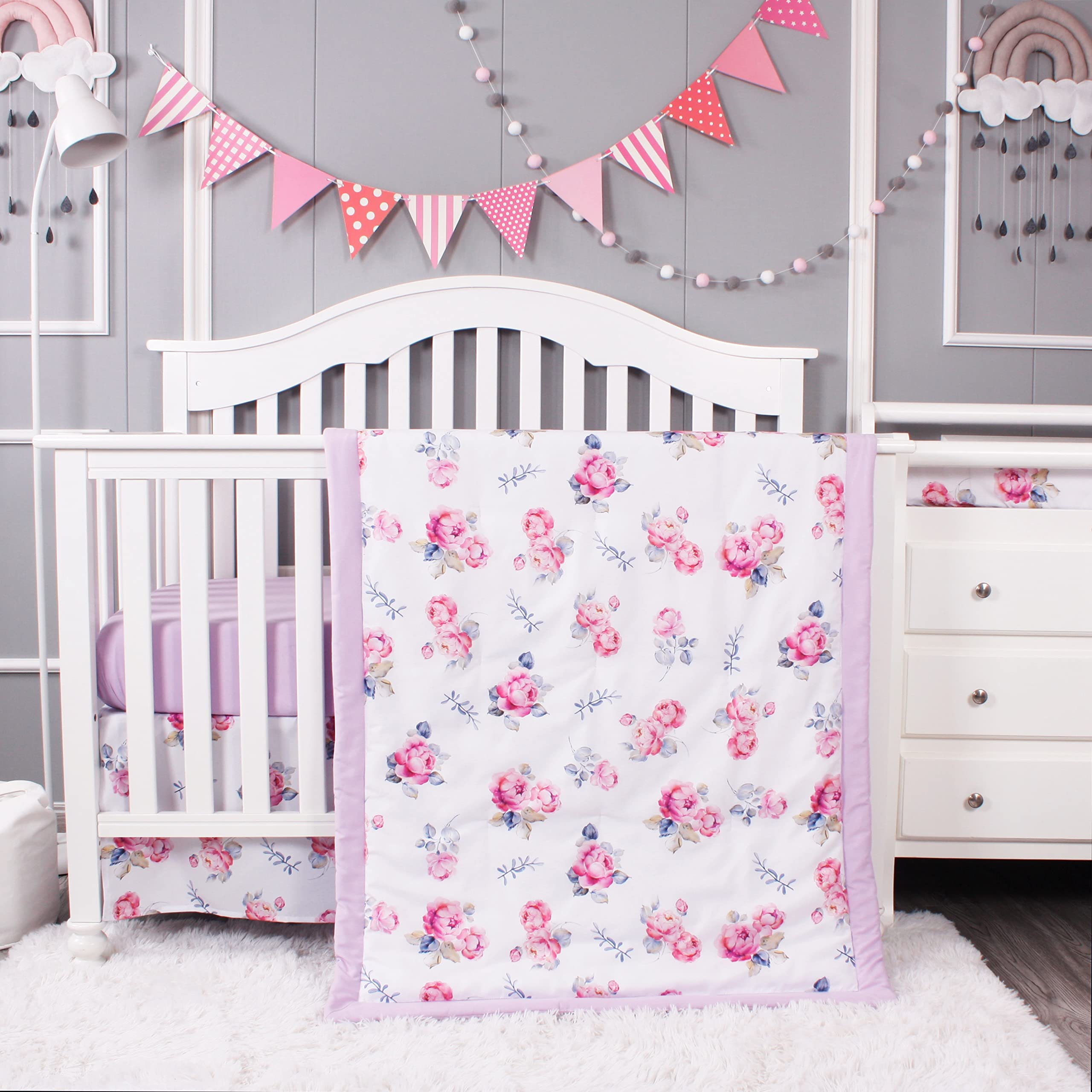 Belsden Floral 3 Piece Crib Bedding Set for Baby Boys Girls, Classic Nursery Bedding Essential Including Comforter, Crib Sheet and Crib Skirt, Ultra Soft Cozy, Floral Purple