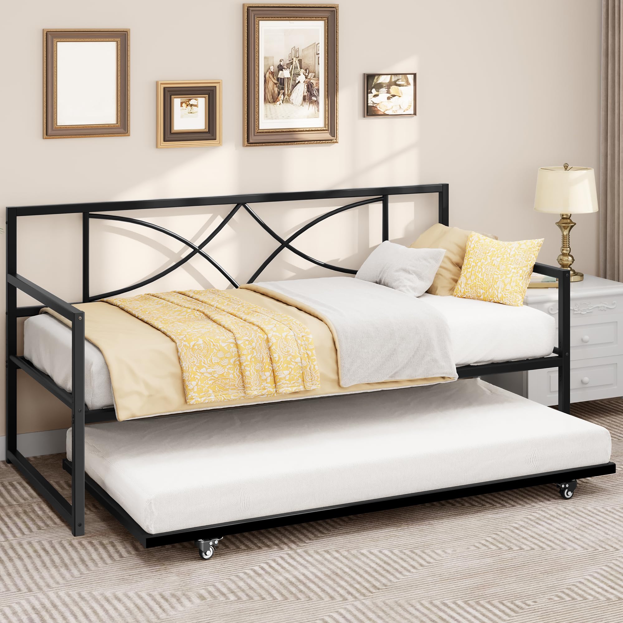 Twin Daybed with Pull Out Trundle, Metal Day Bed with Adjustable Height