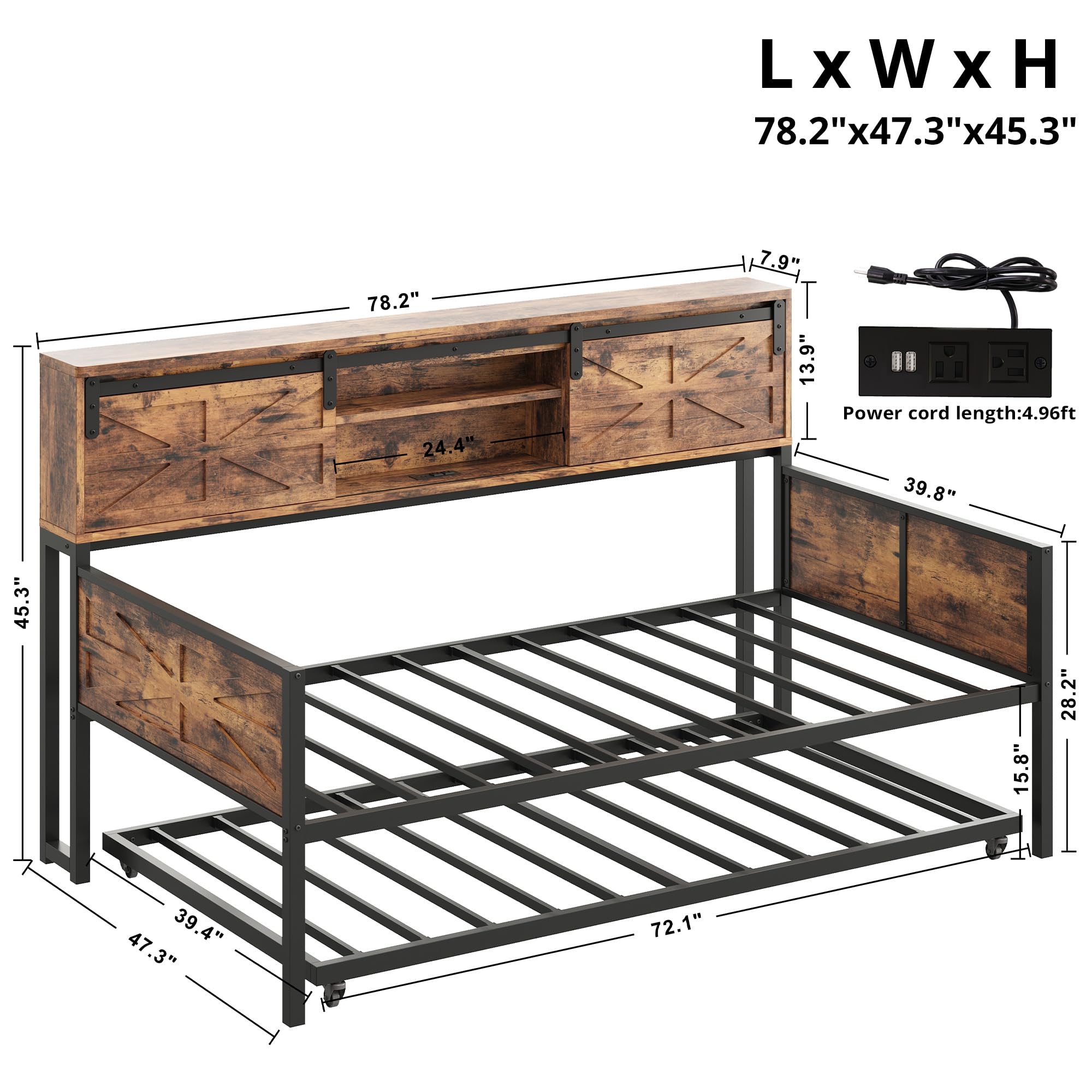 Daybed with Trundle, Rustic Bed Twin with Storage and Charging Station