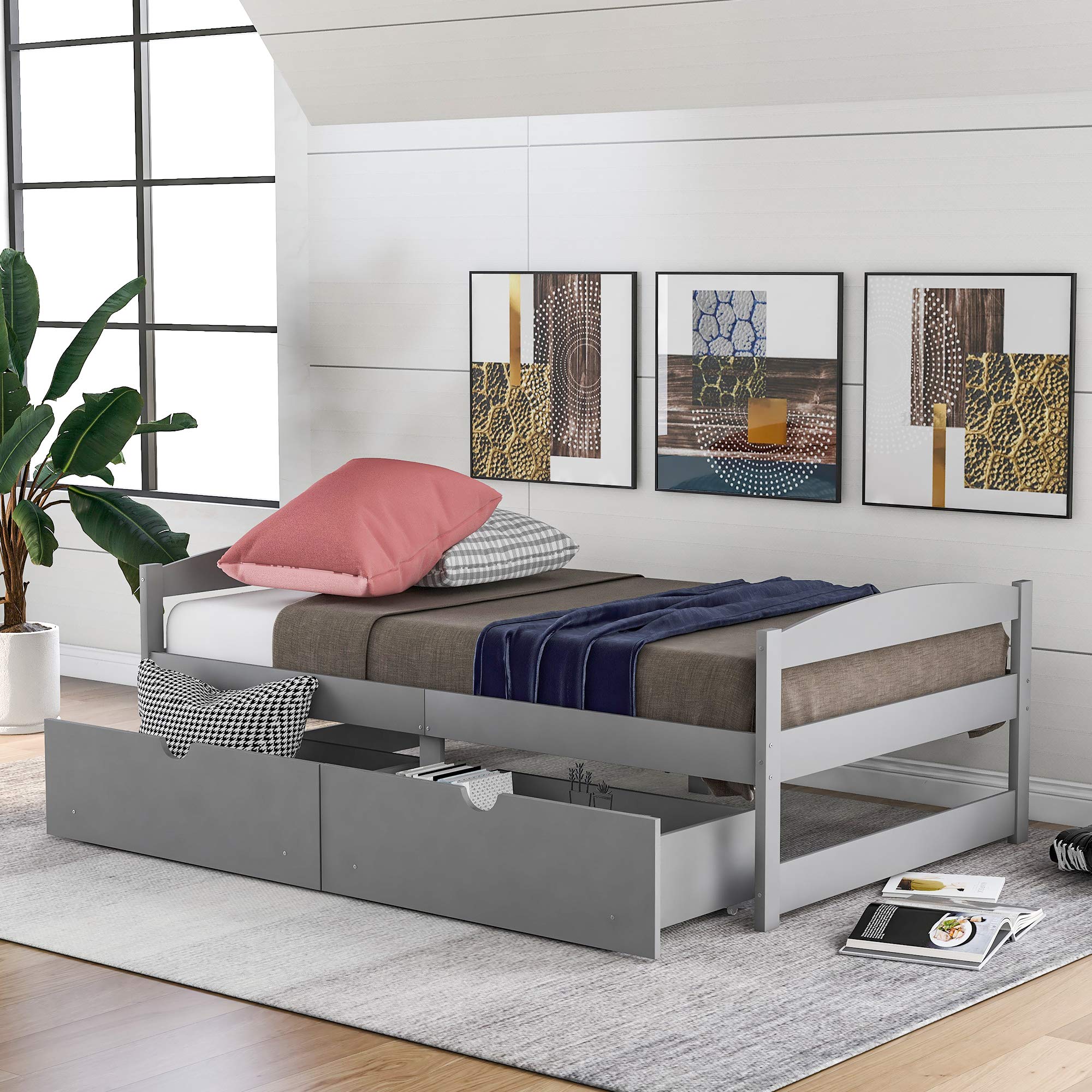 Twin Size Platform Bed with Two Storage Drawers, Solid Wood Platform Bed
