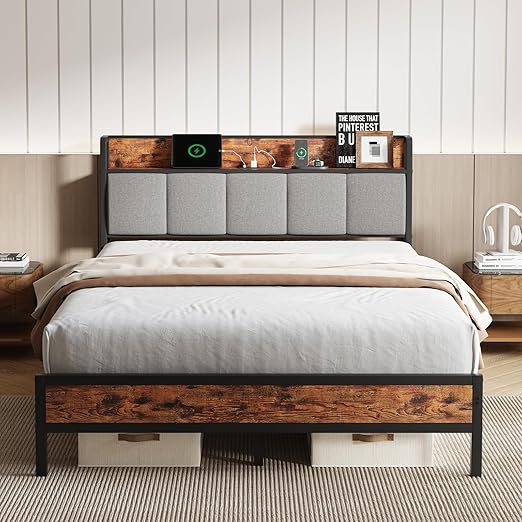 King Size Bed Frame with Charging Station USB/Type-C & Storage Headboard