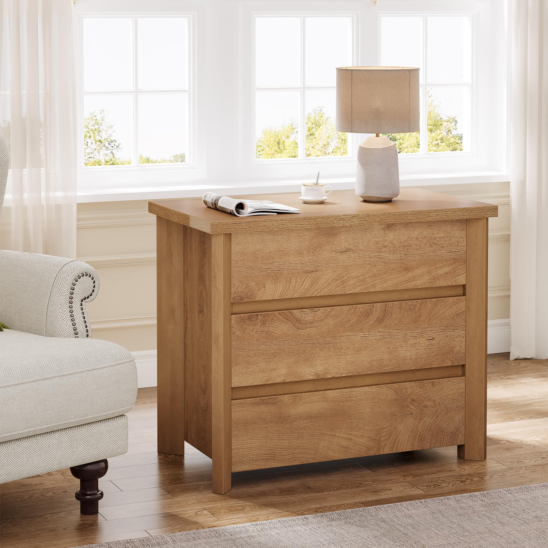 Nightstands Set of 2, 32-Inch Wide End Table with 3 Storage Drawers