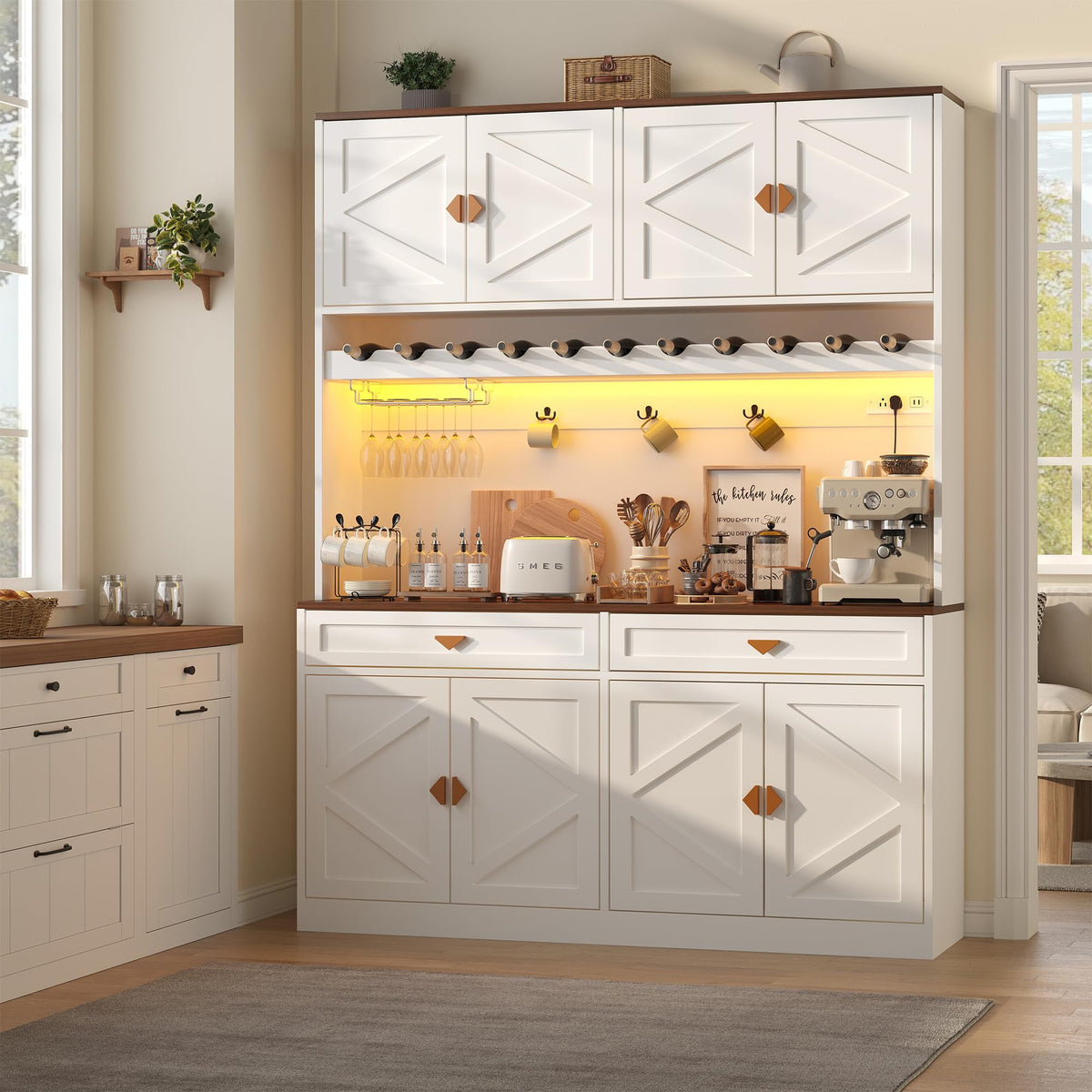 Tall Kitchen Pantry Cabinet with LED Light, Charging Station & Wine Rack