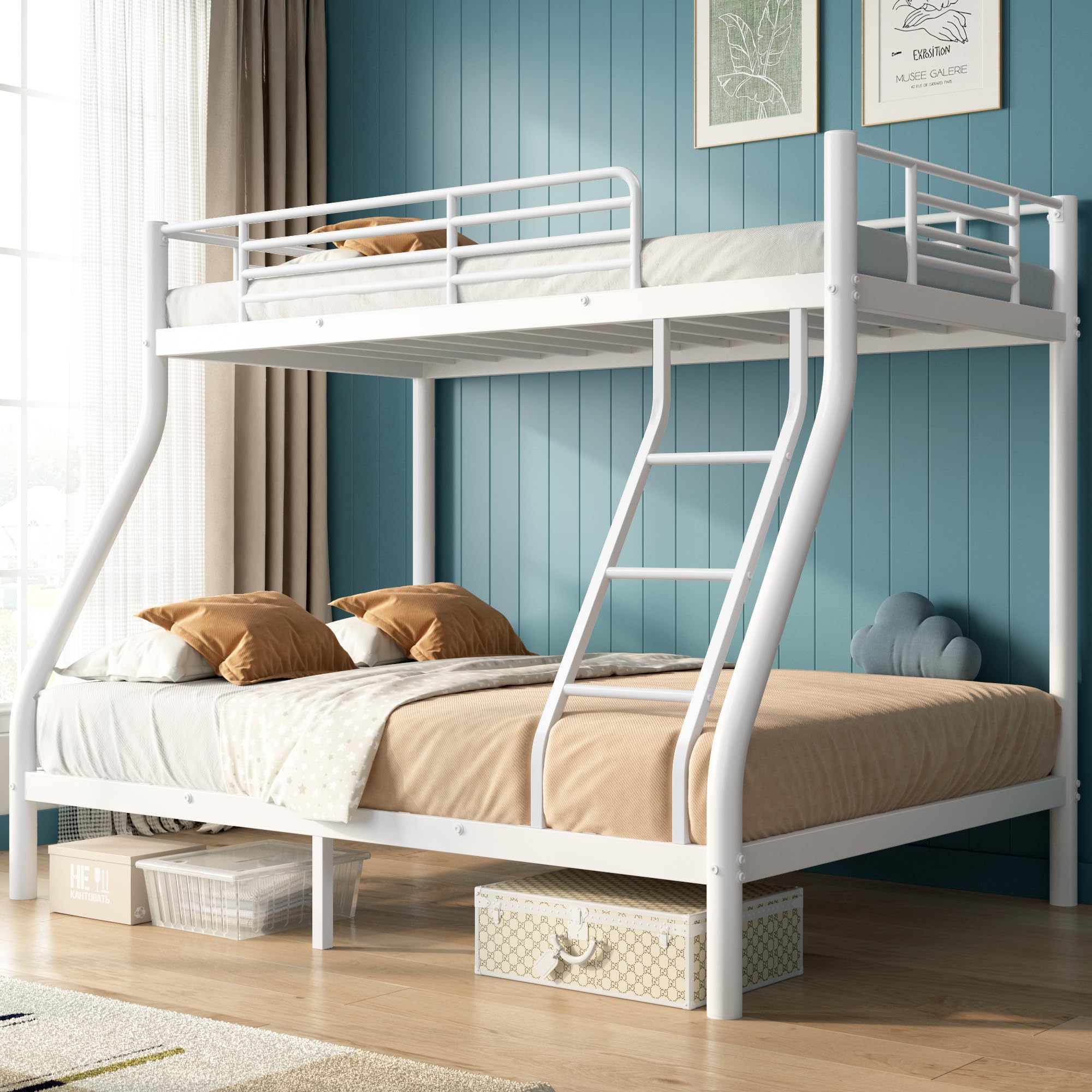Beds Twin Over Full Size, Heavy Duty Bunk Beds with Bottom Space & Guardrail