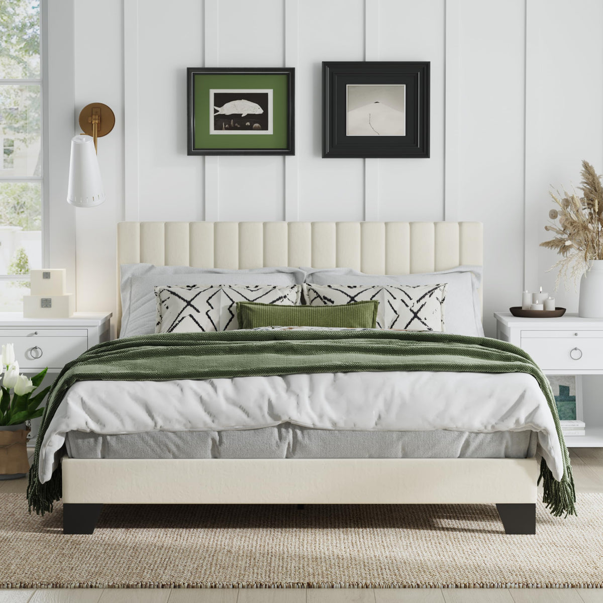 Queen Upholstered Platform Bed with Adjustable Tufted Headboard