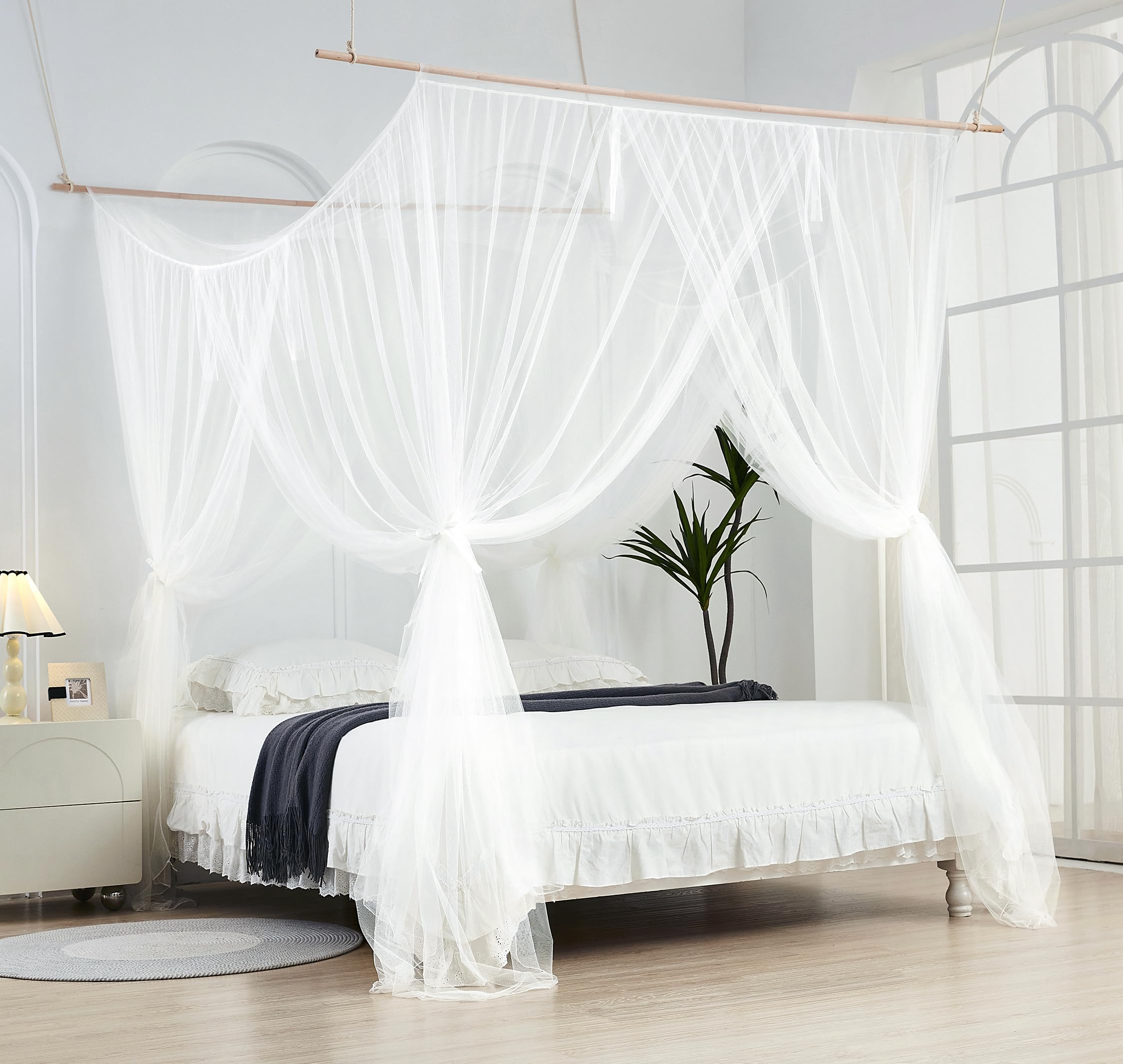 Bed Canopy with Wooden Frame,Canopy Bed Curtains Bed Drapes for Full Queen