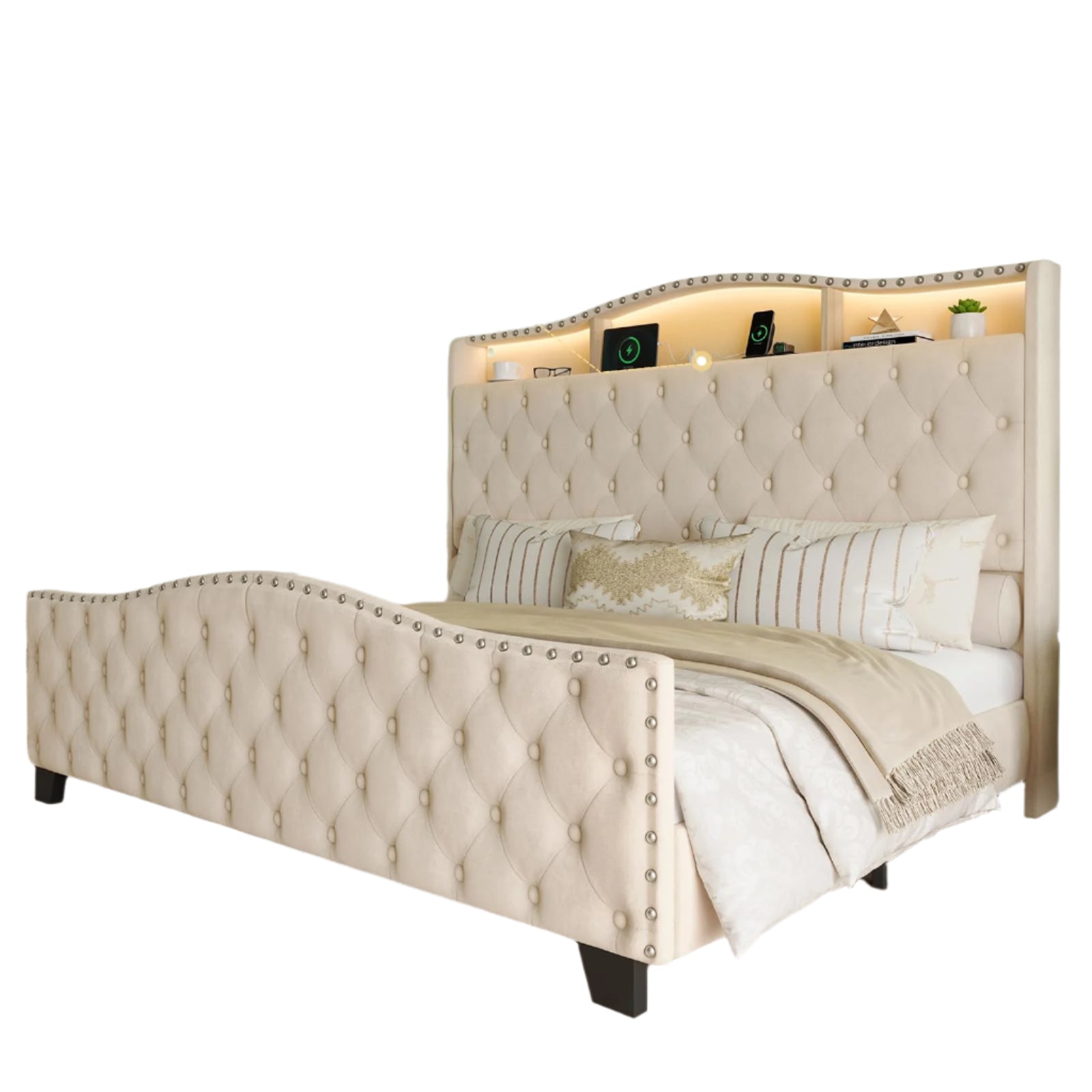 Size Bed Frame and Headboard, 50.9" Velvet Upholstered Wingback