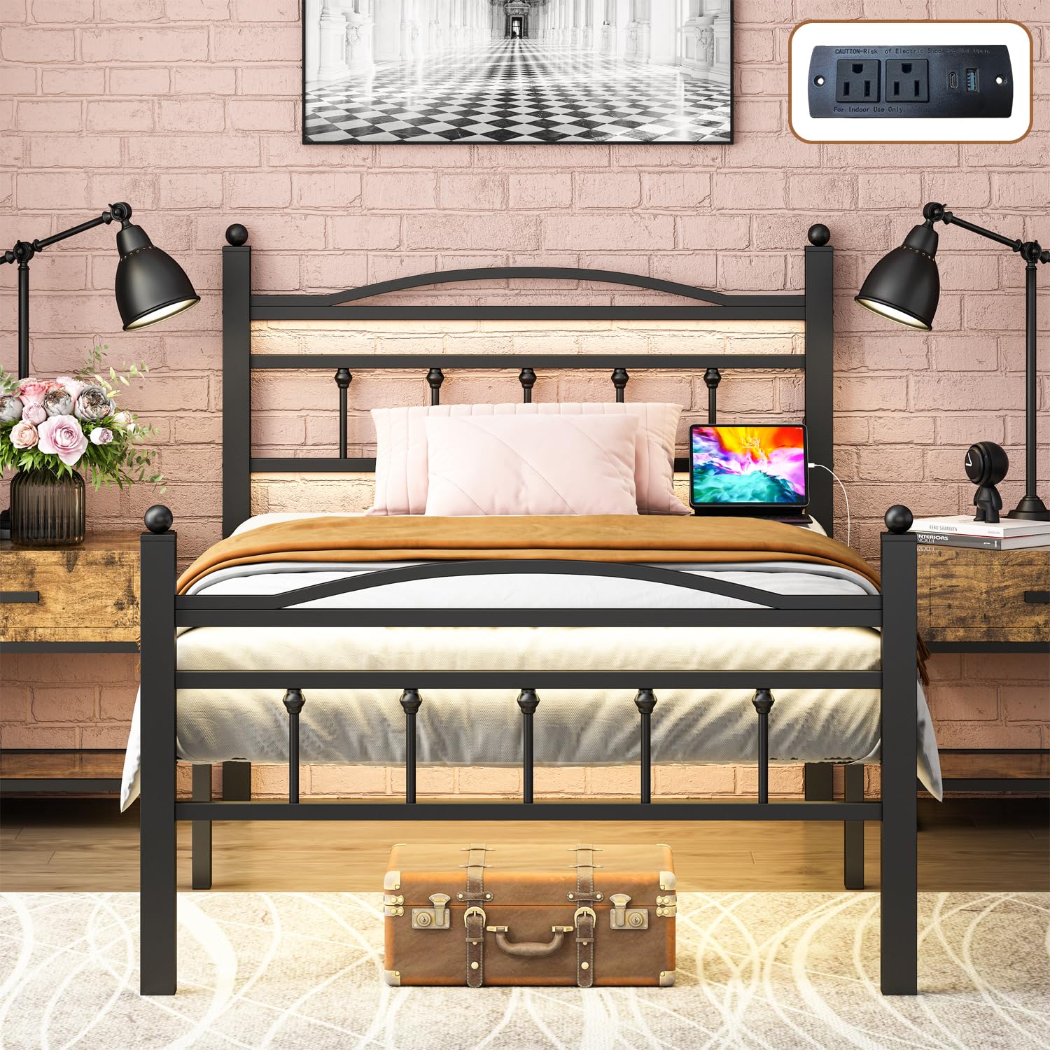 Frames with Headboard, LED Bed Frame with Charging Station