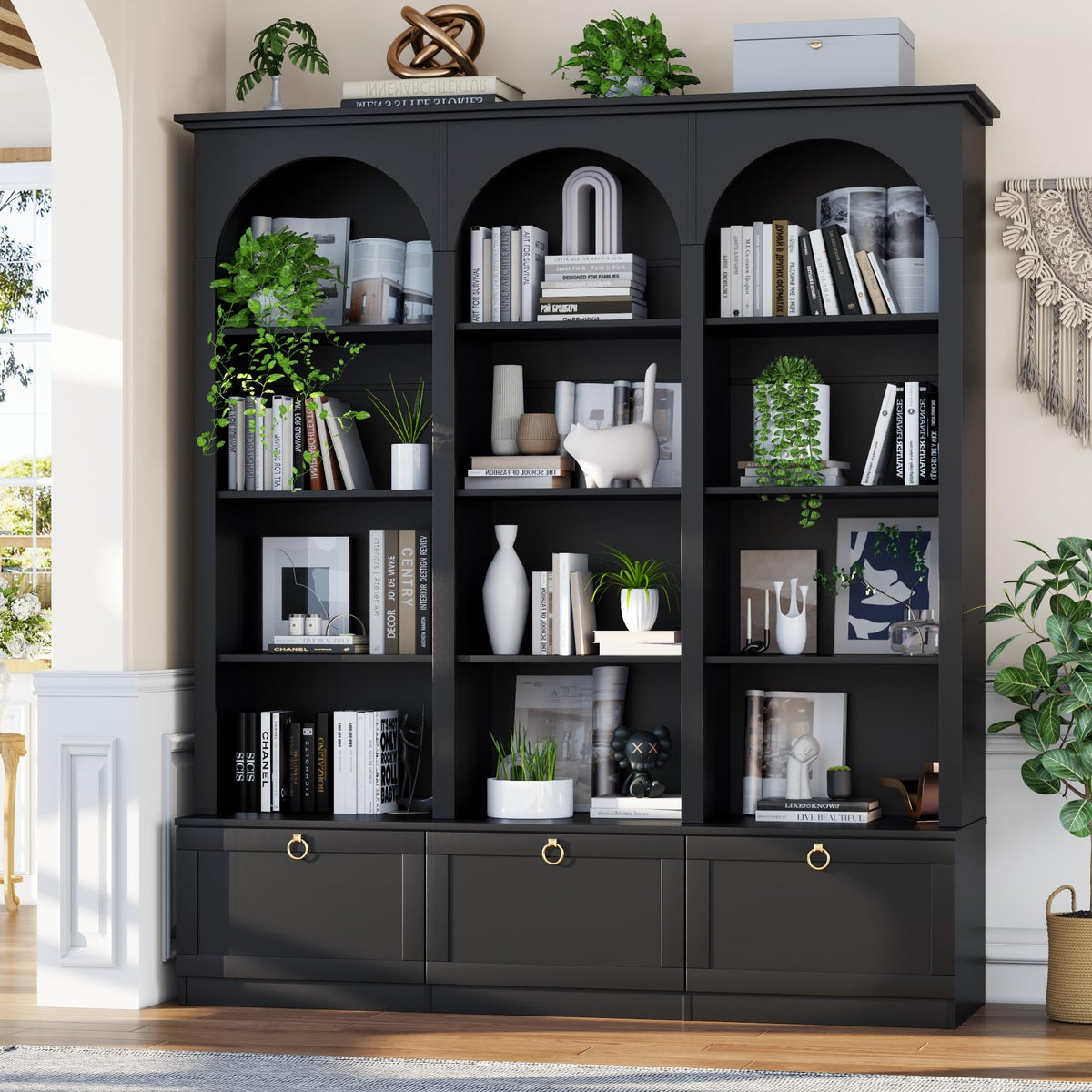 5-Tier Arched Bookcase with Doors & Cabinets