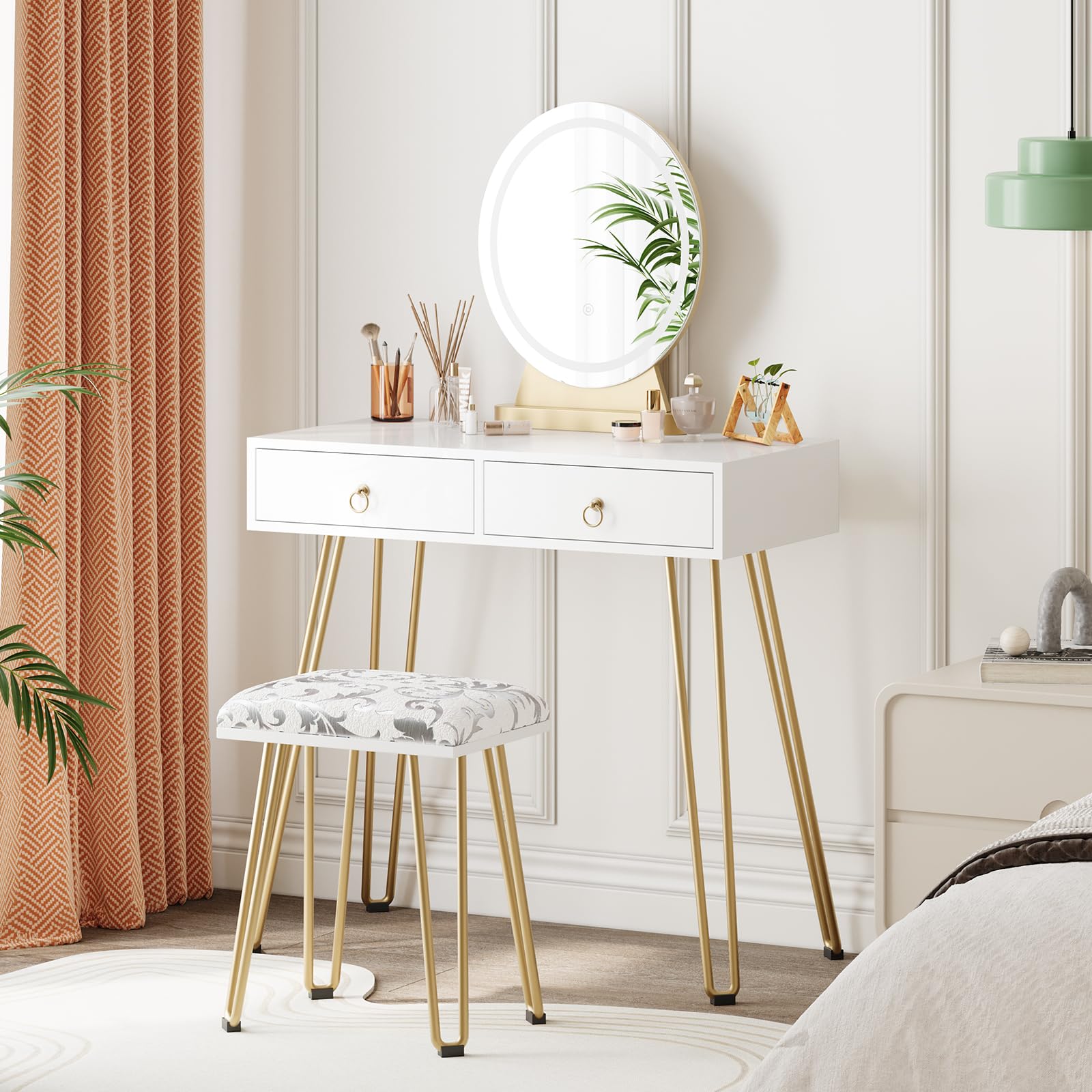White Vanity Desk with Stool, Small Makeup Vanity Table with 3 Lighting