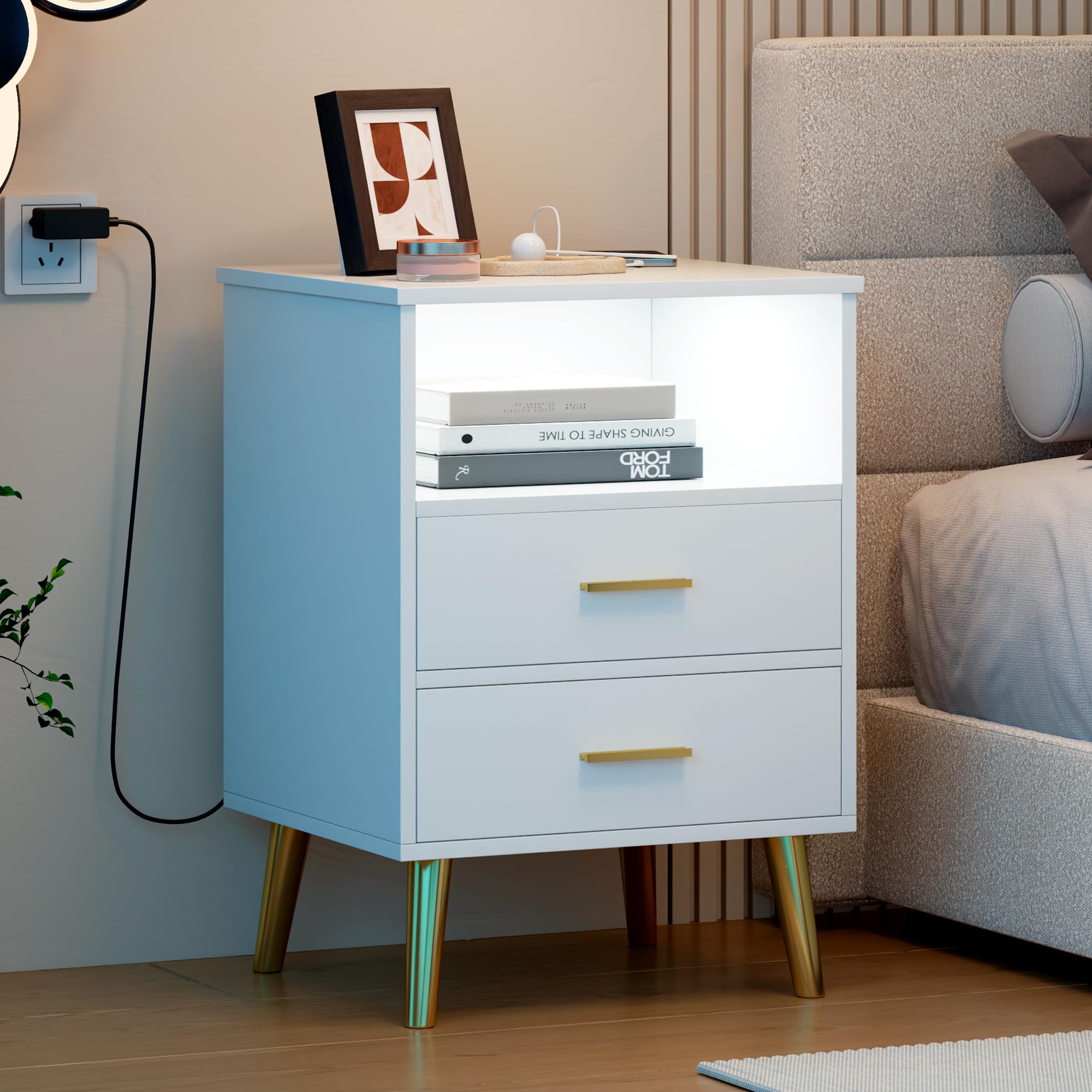 White Nightstand Set of 2, Nights Stand with Gun Drawer