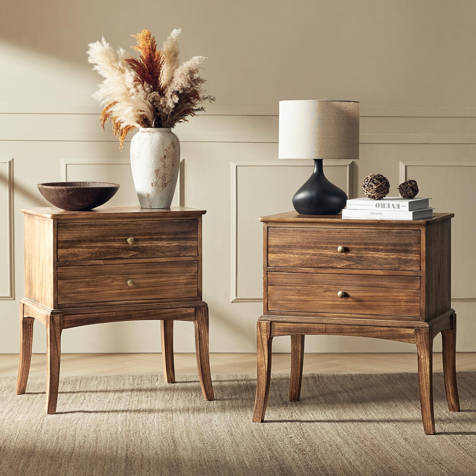 Solid Wood Nightstand Set of 2, Transitional Bedside Table with Charging Station