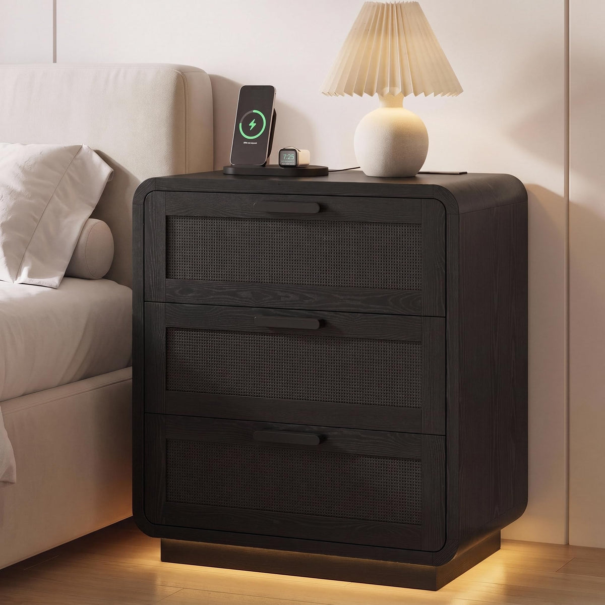 Nightstand with Charging Station, LED Lights & 3 Drawers