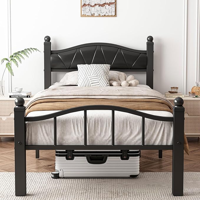Metal Bed Frame Queen Size with Fabric Upholstered Headboard