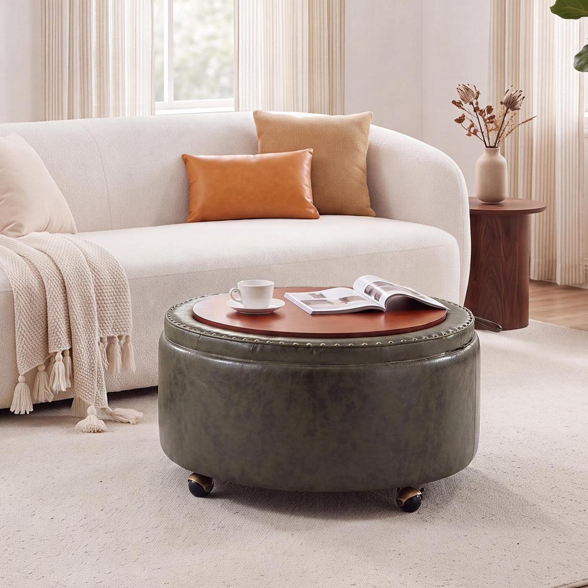 Round Storage Ottoman with Reversible Tray