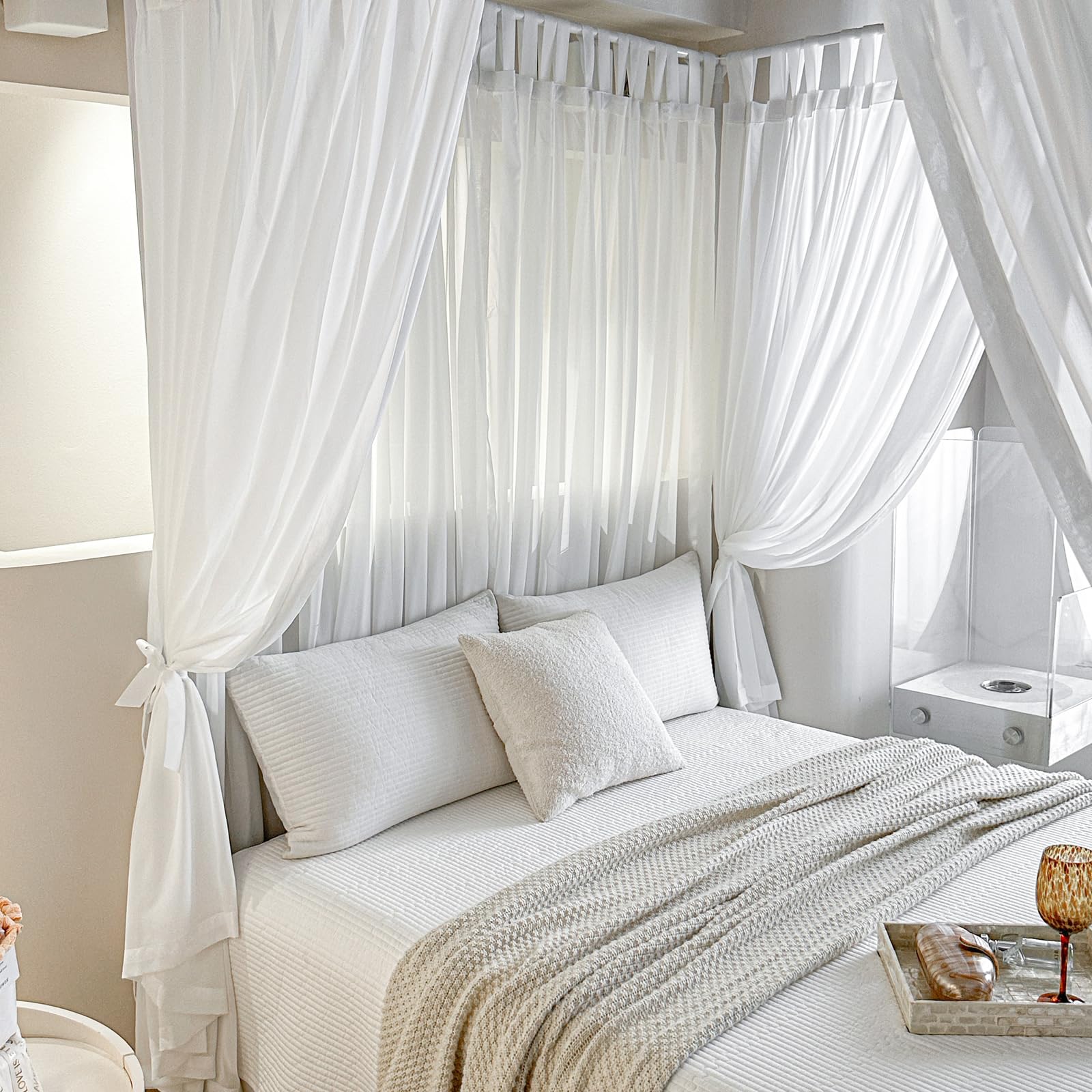 Canopy Bed Board with Top and Self-Adhesive Strips, White Gauze