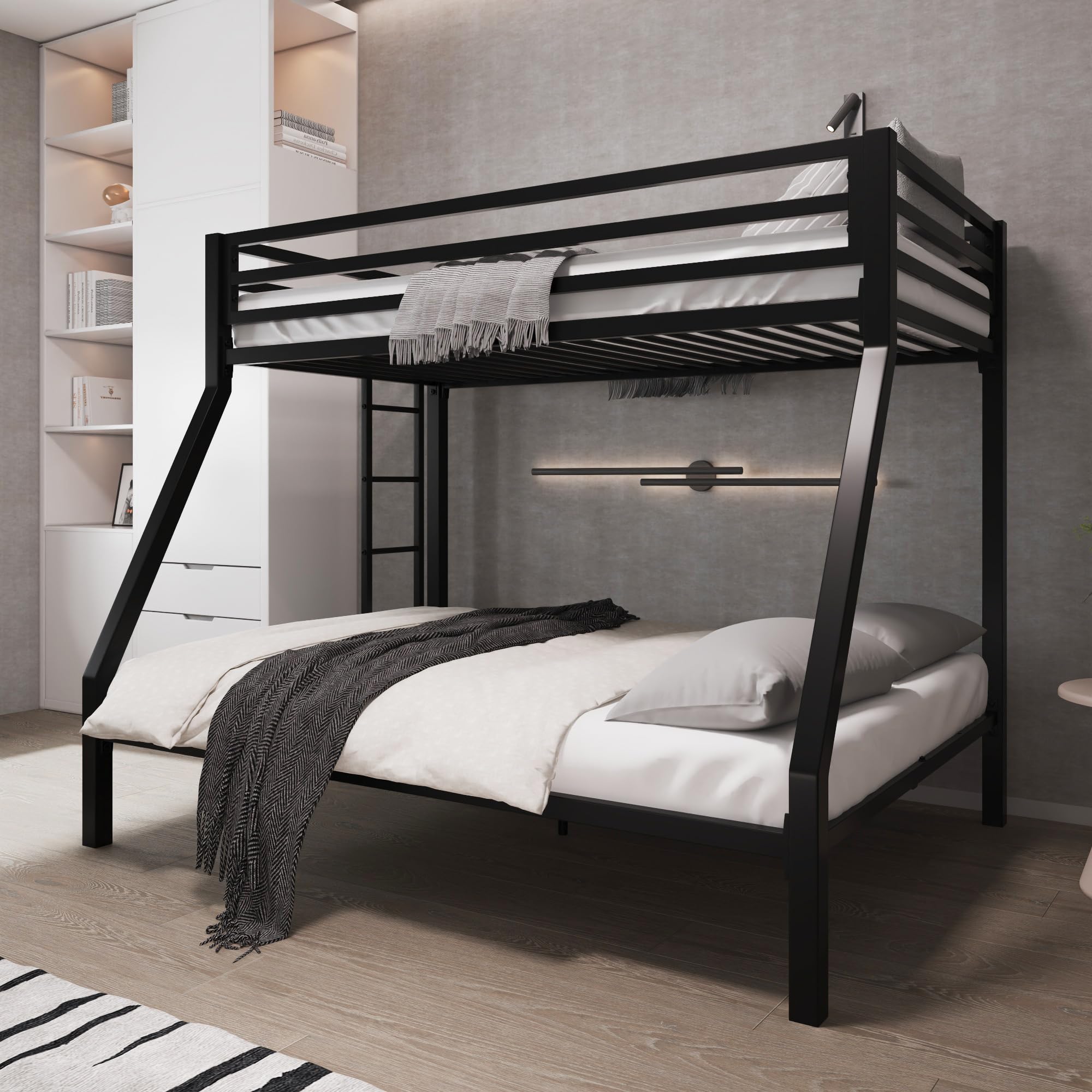Metal Bunk Bed Twin Over Full Size for Junior & Adults with Ladder