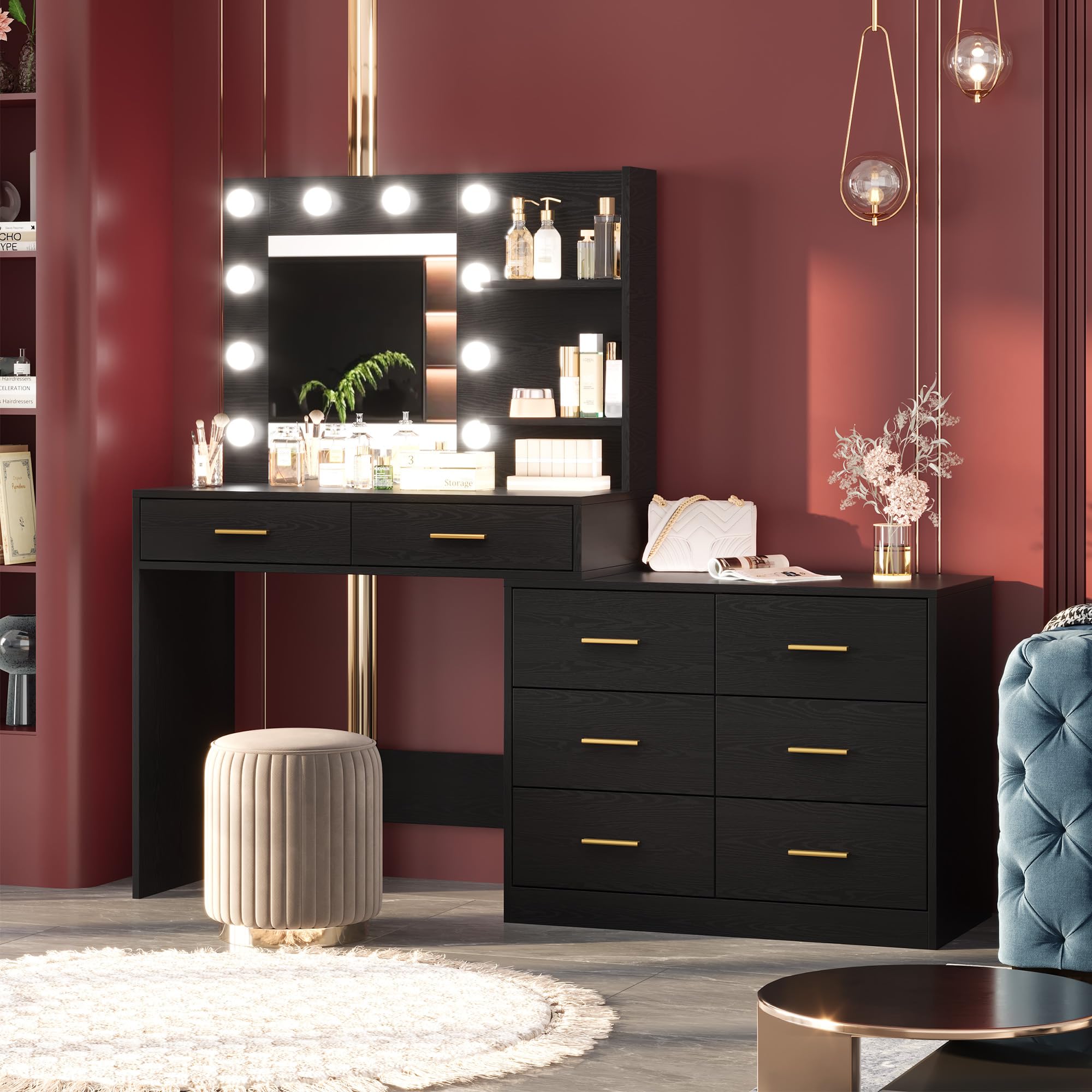 Vanity Desk with Mirror and Lights, Black Vanity with 8 Wide Storage Drawers
