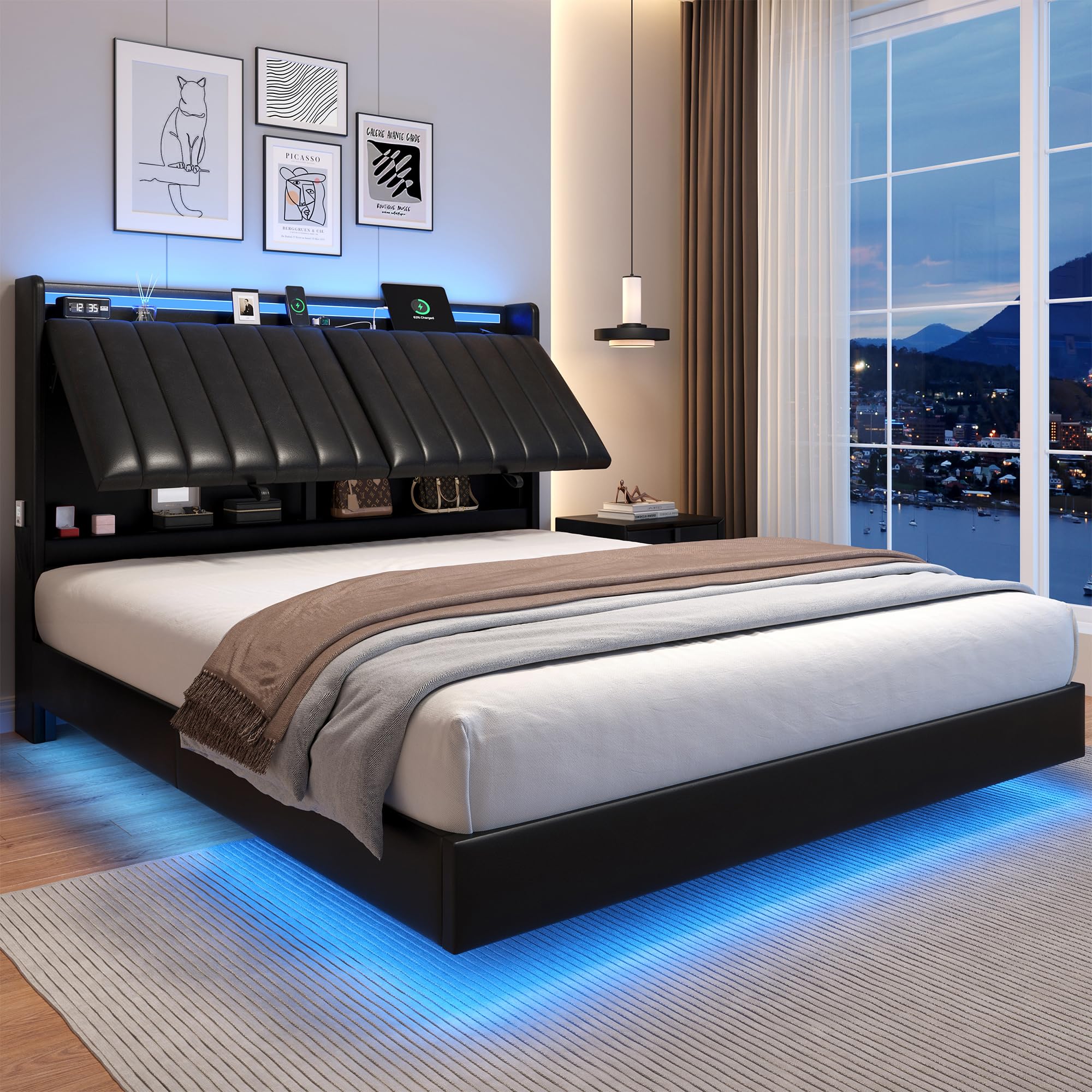 Full Size Floating Bed Frame with Ergonomic Hidden Storage Headboard and LED Lights