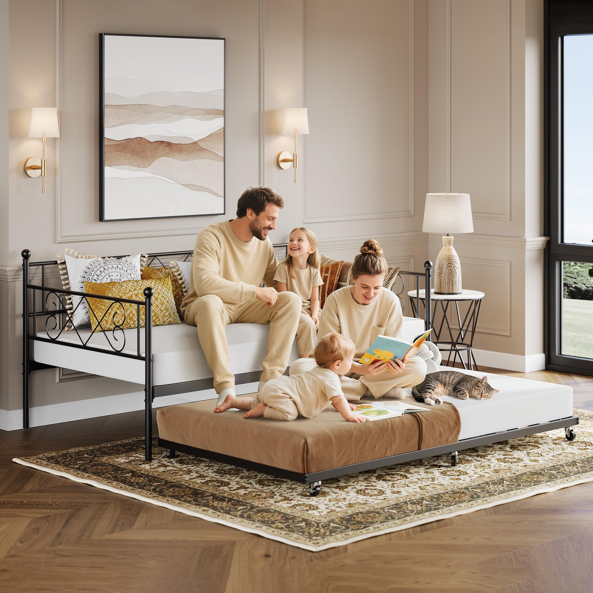 Twin Metal Daybed with Trundle, Premium Steel Slat Support, Space Saving