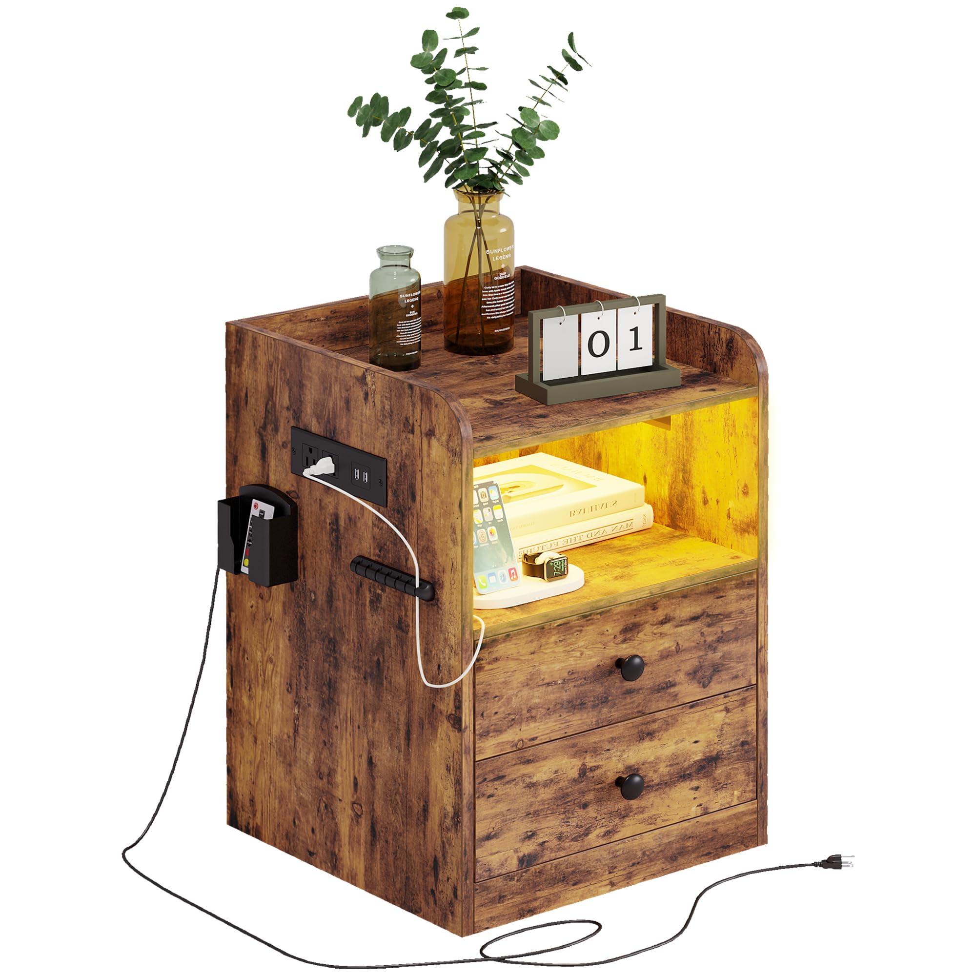 Nightstand with LED, Charging Station & USB Ports