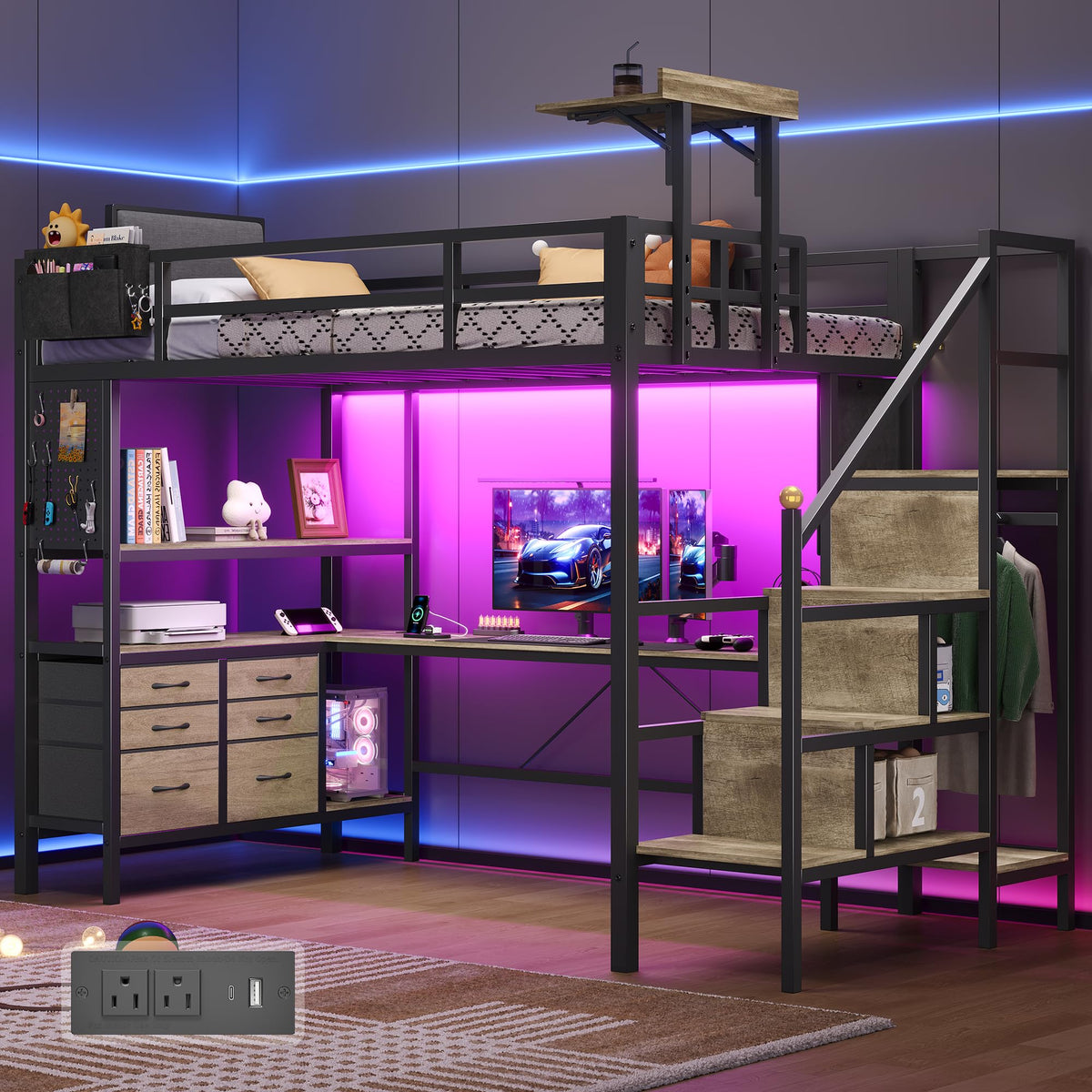 Twin Loft Bed with L-Shaped Desk & 6 Storage Drawers – Oak Gray