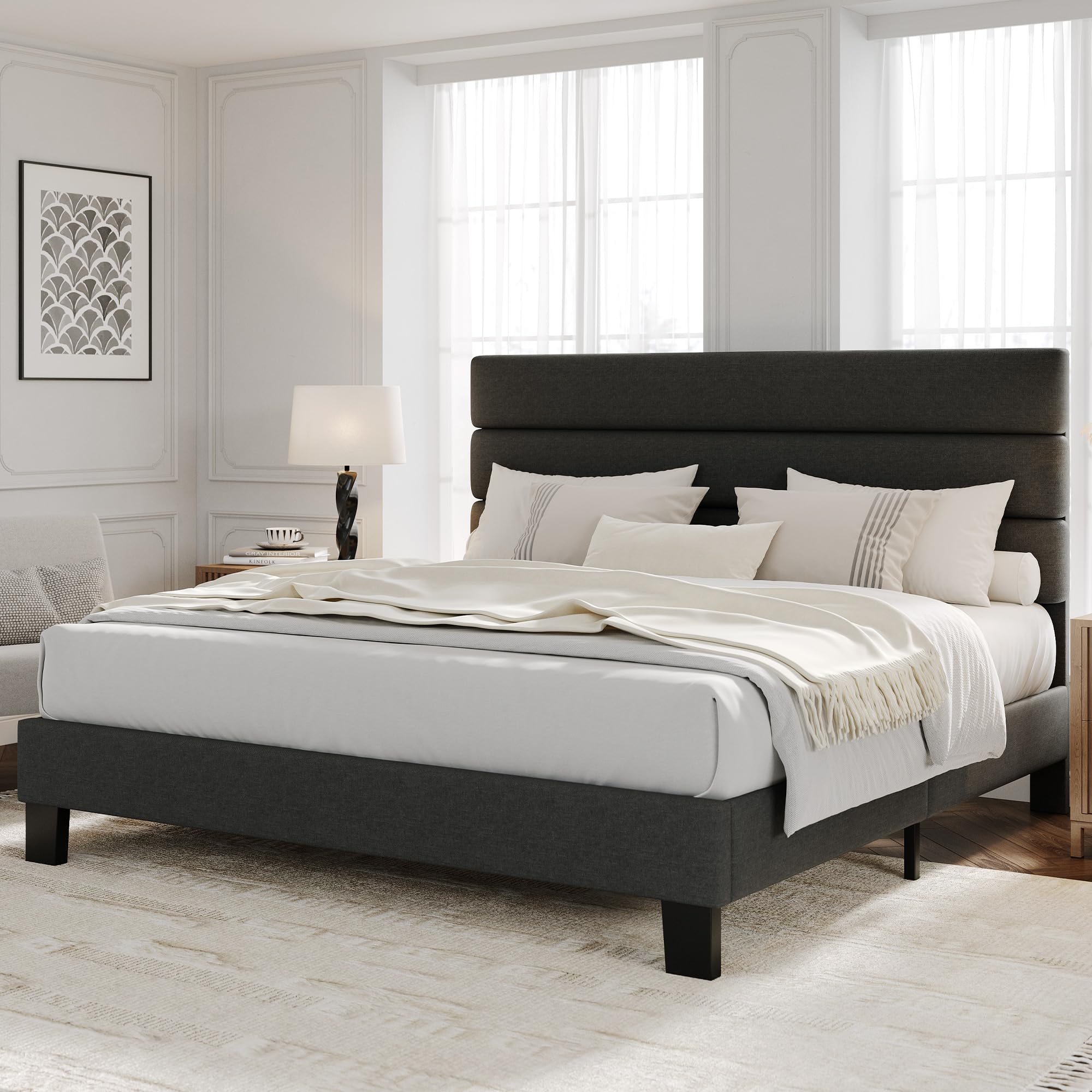 King Bed Frame Platform Bed with Adjustable Headboard