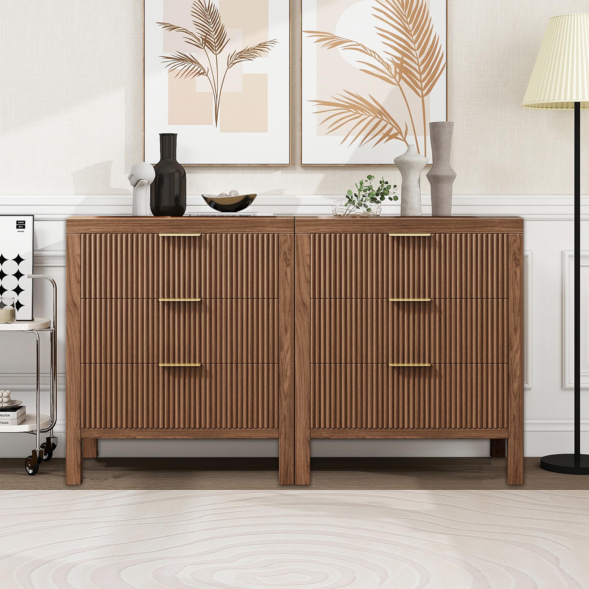 Fluted Nightstands Set of 2, Wooden Farmhouse Night Stands