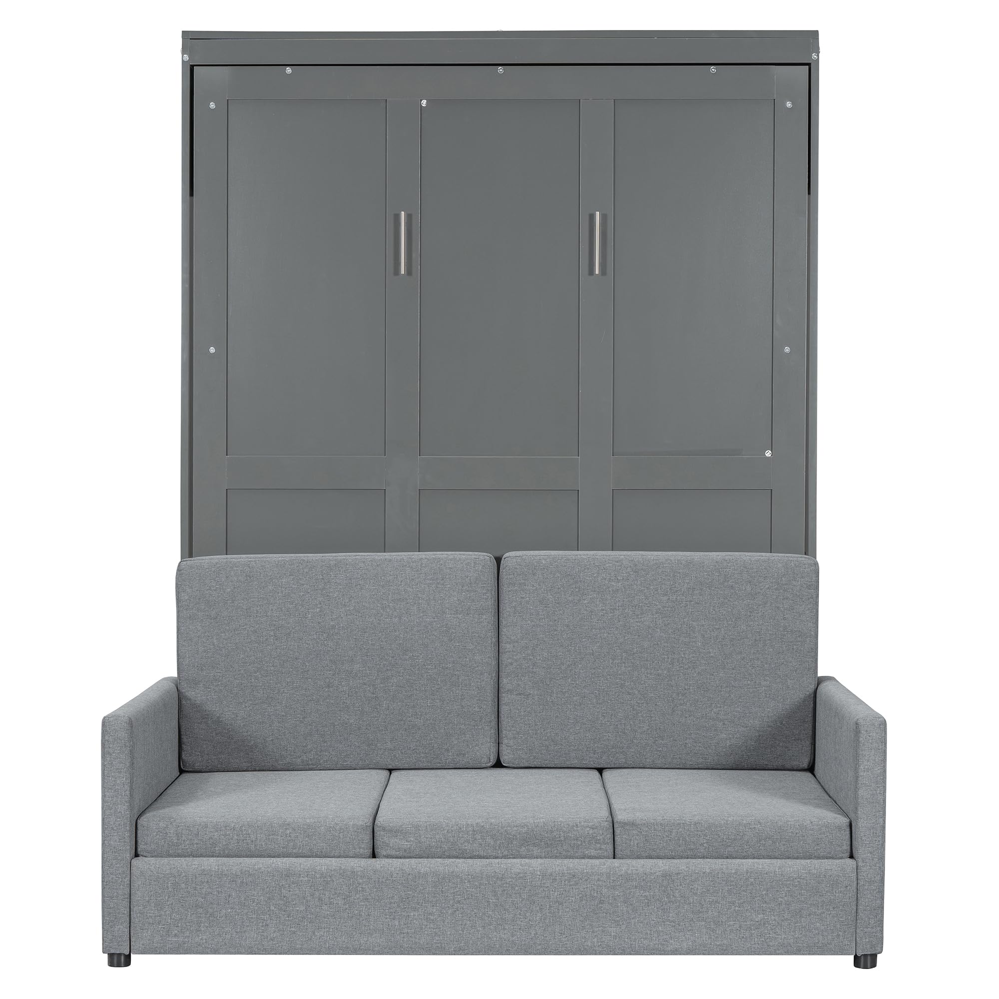 P PURLOVE Full Wood Murphy Bed with Sofa, Wall Bed Without Slats, No Box Spring Needed (Gray)