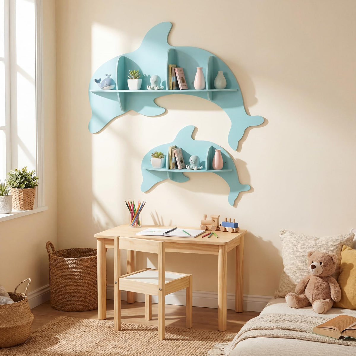 Dolphin-Shaped Wall-Mounted Kids Book Shelves, Set of 2