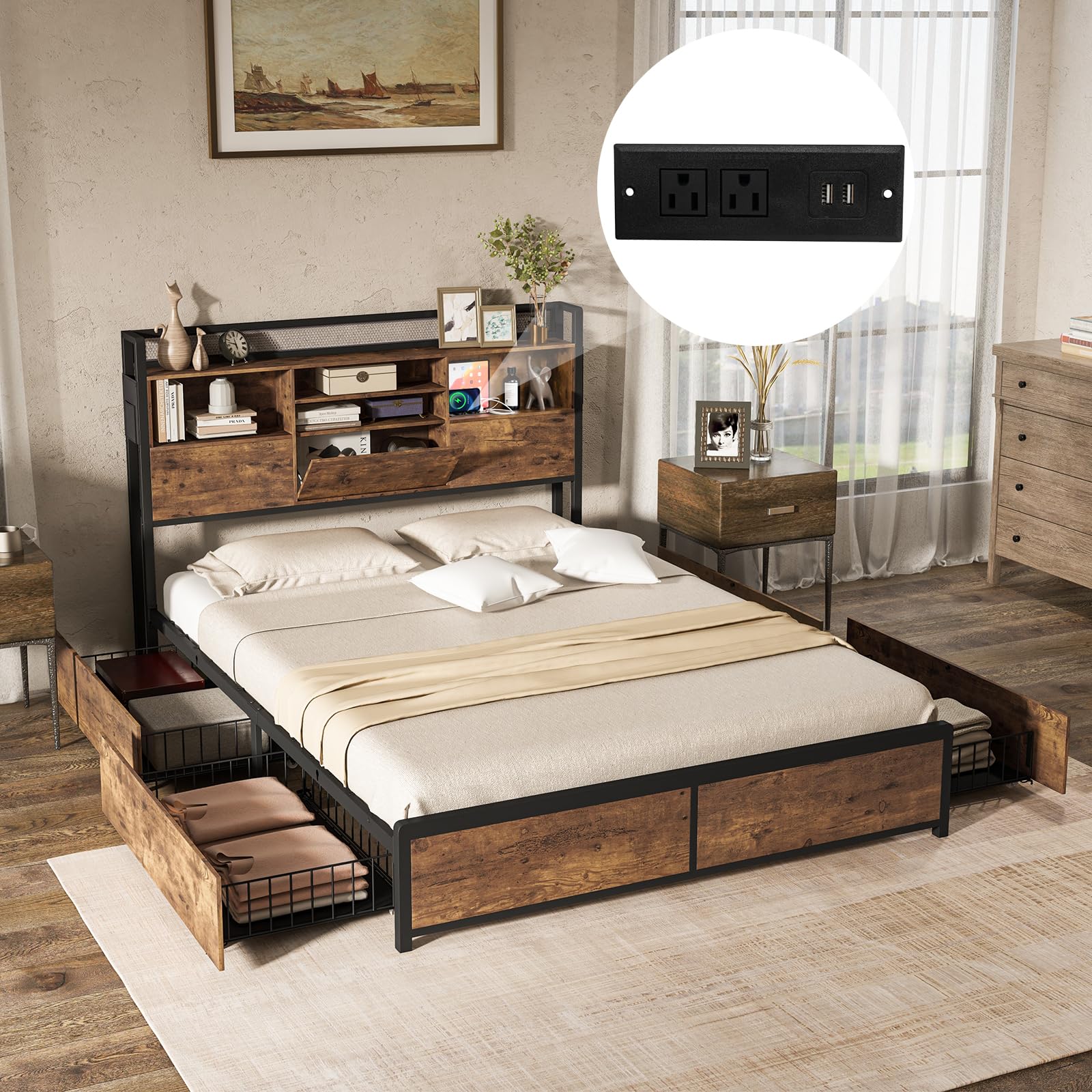 Queen Bed Frame with 4 Storage Drawers and Bookcase Headboard, Industrial Bed Frame