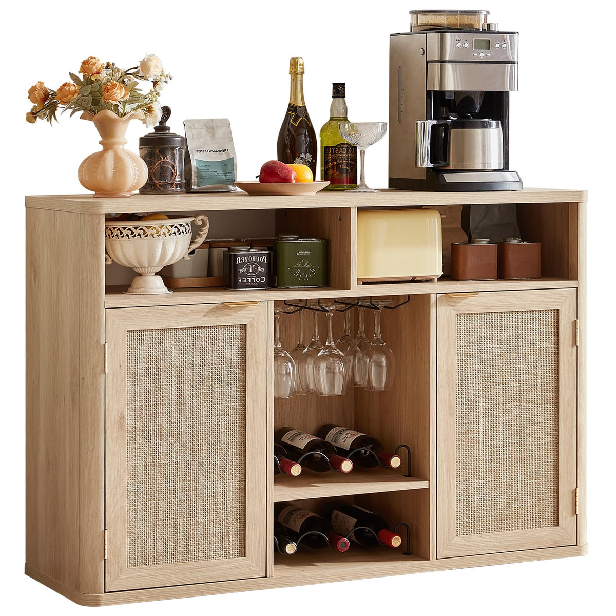 Lerliuo Rattan Wine Bar Cabinet with 2 Doors, Natural Wood
