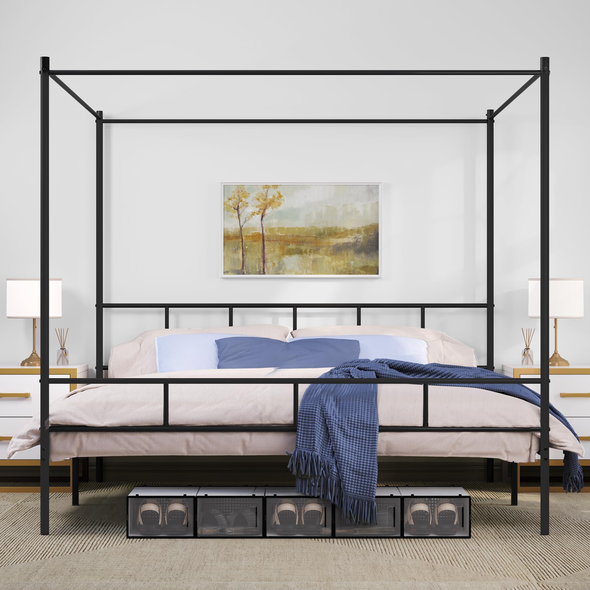 King Size Canopy Bed Frame, Metal Bed Frame with Four Posters