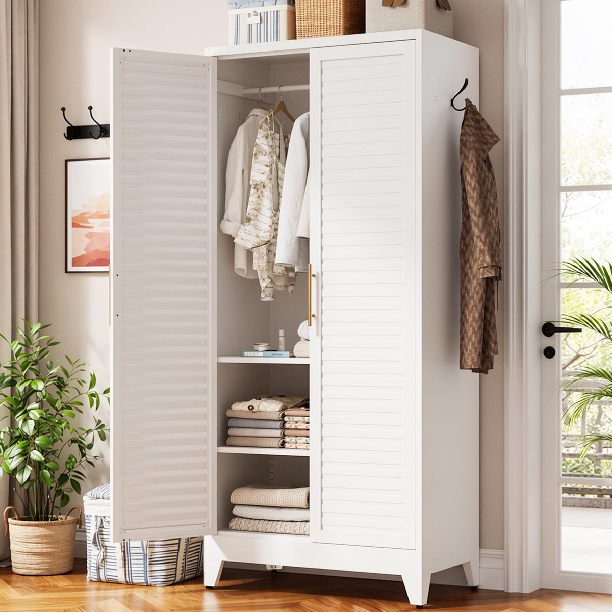 Metal Wardrobe Closet with Hanging Rod