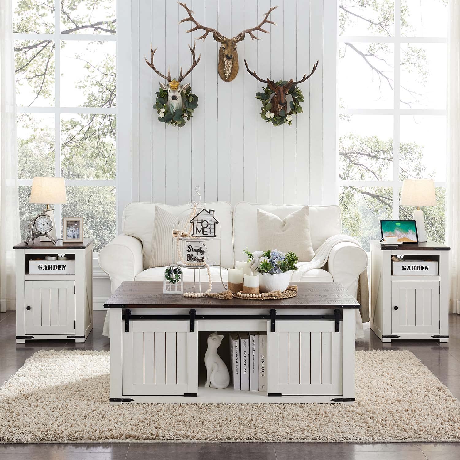Farmhouse Nightstand with Charging Station, 20" Rustic End Table w/Barn Door