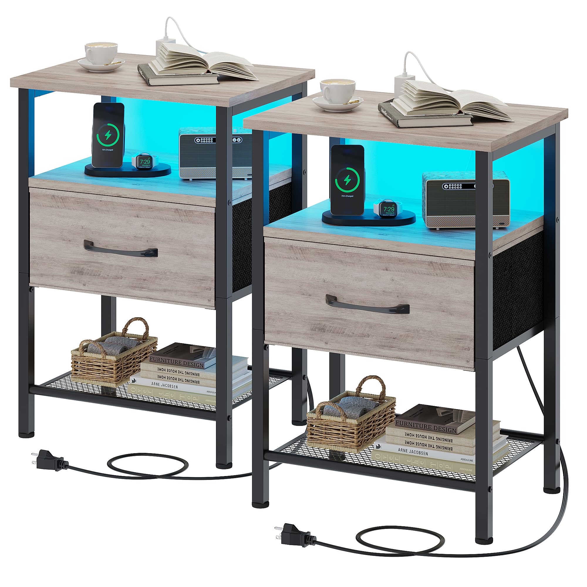 Night Stand Set 2, End Table with Charging Station