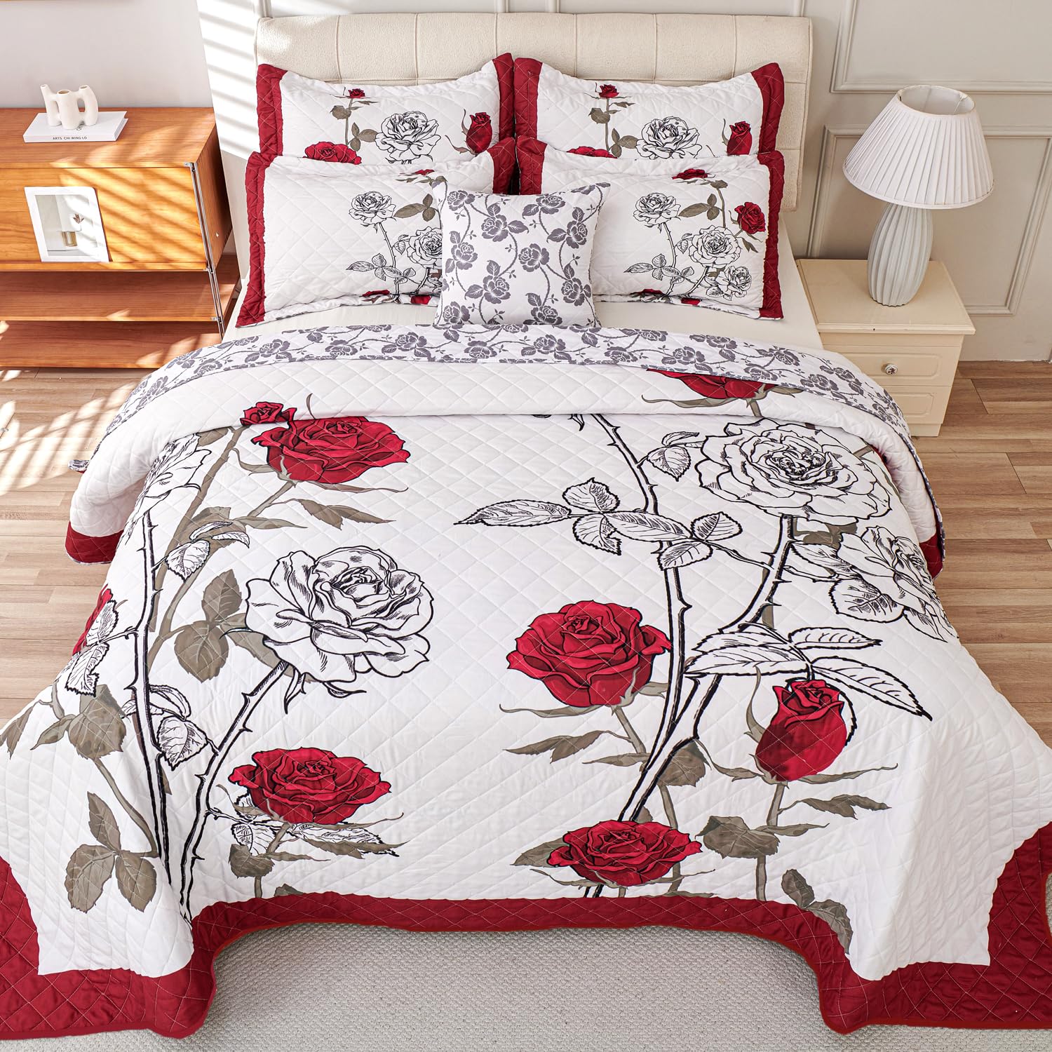 Quilt Queen Size Red Rose Bedding Set Floral Bedspread Lightweight Reversible