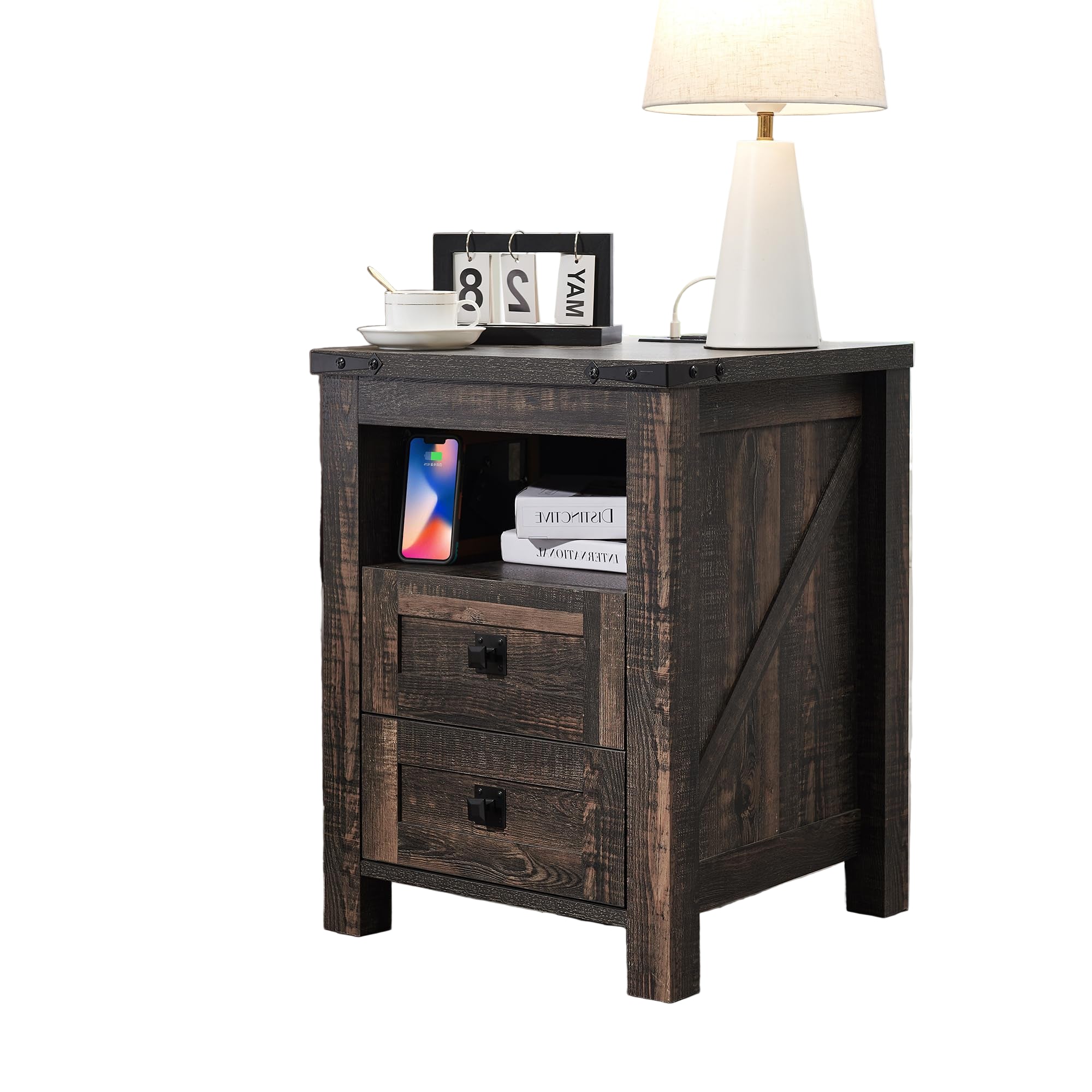 Farmhouse Nightstand with Charging Station, Rustic 18 Inch End Table