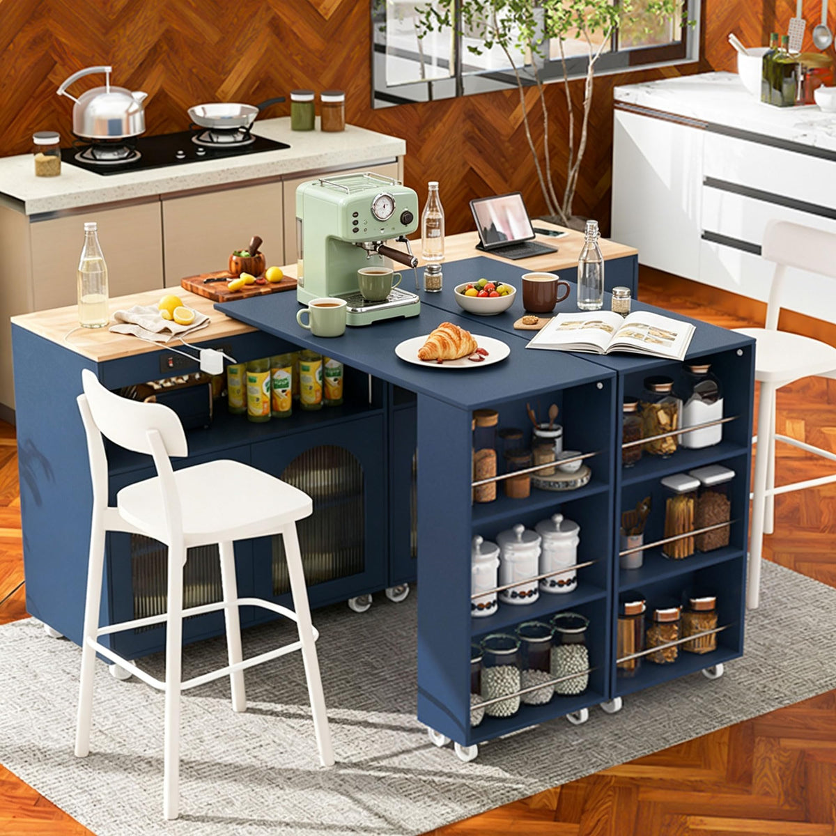 Extendable Rolling Kitchen Island with Power Outlet, LED Light & Fluted Glass Doors