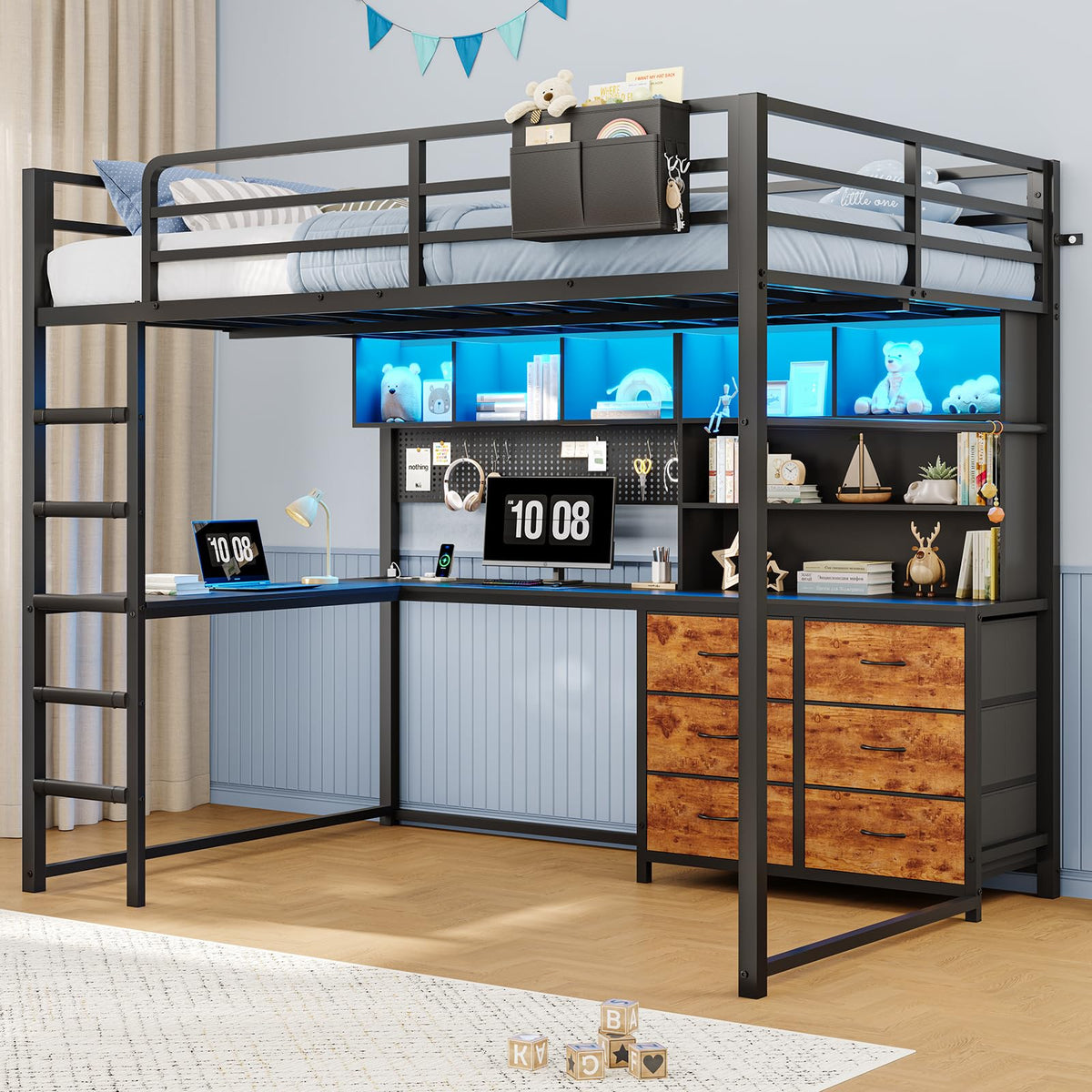 Full Size Loft Bed with L-Shaped Desk & Storage